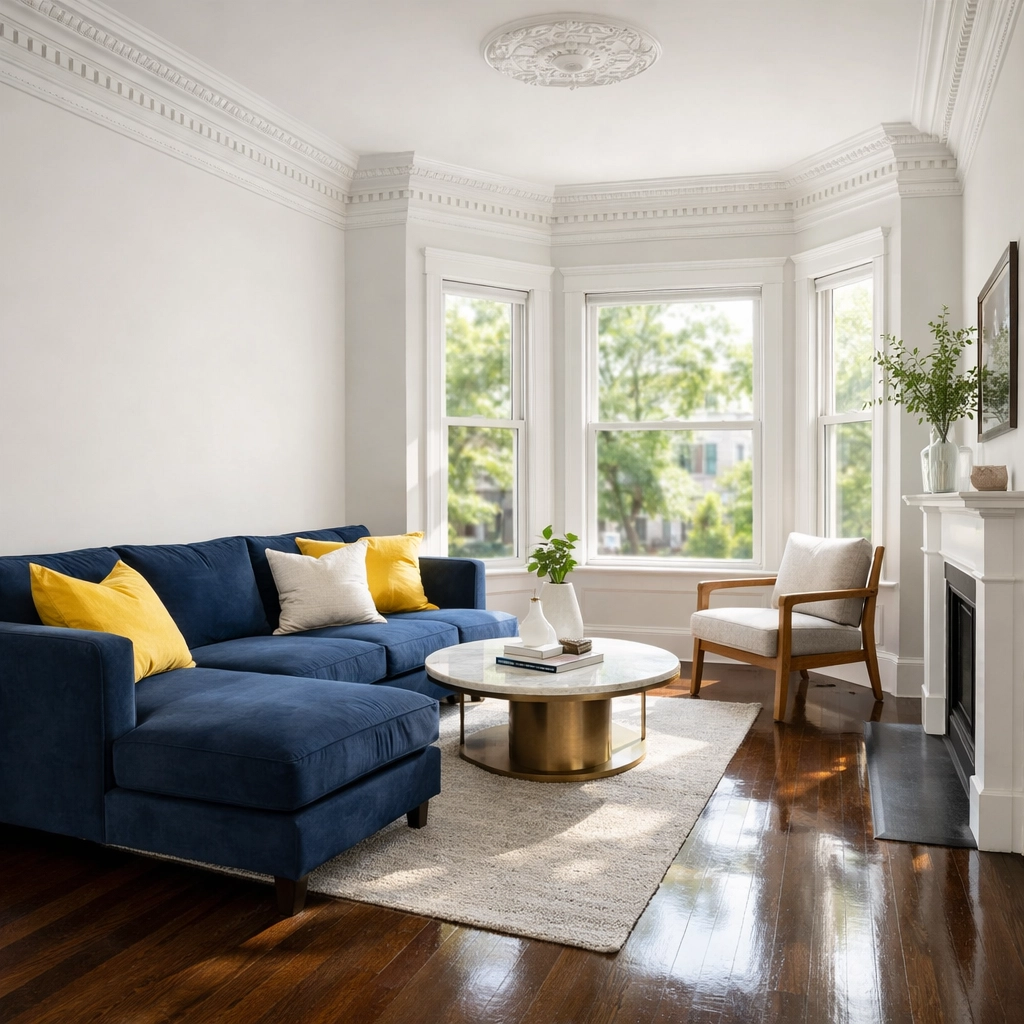 Sunlit living room in a Somerville home showcasing detailed home cleaning with polished hardwood floors.