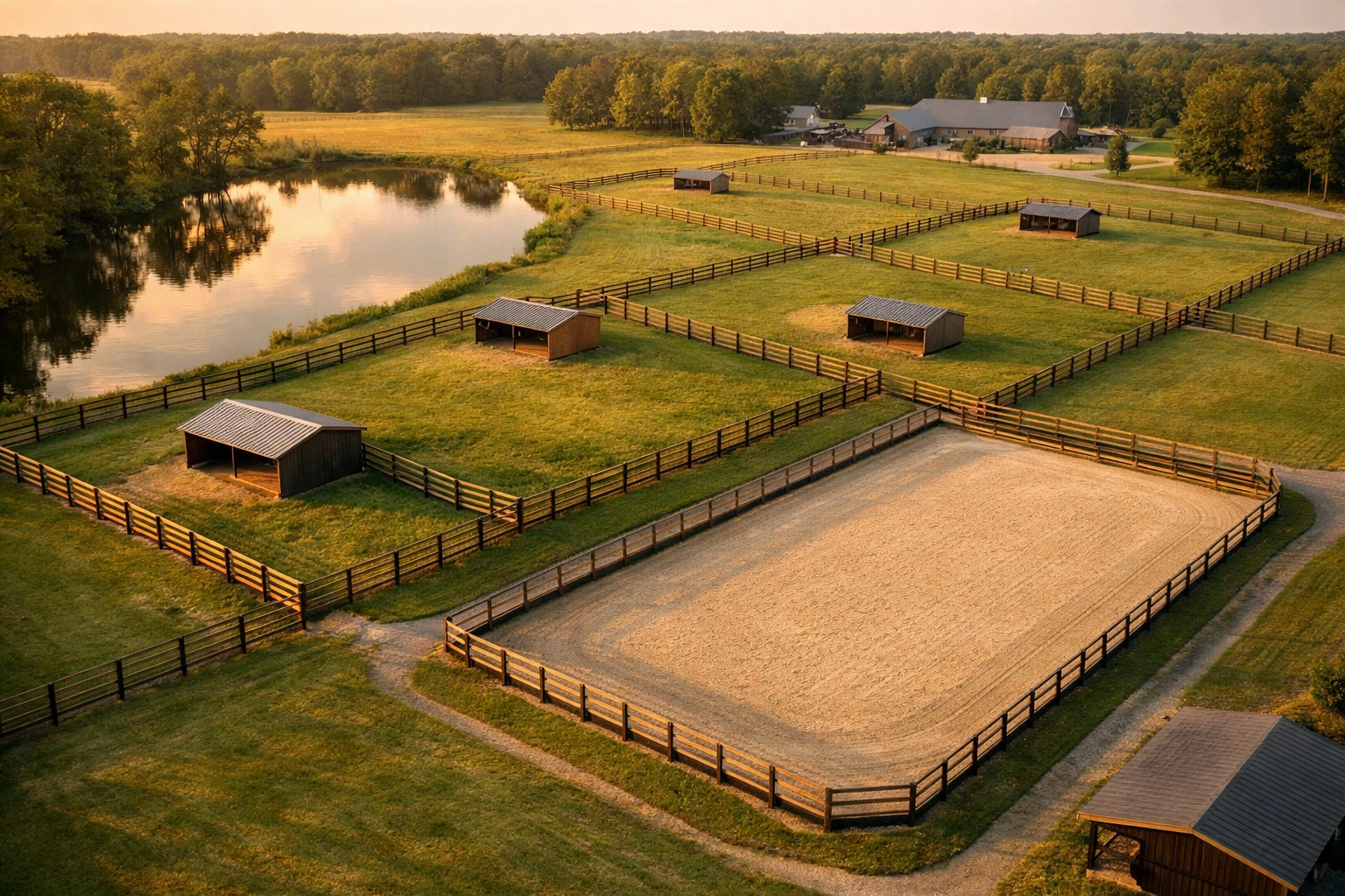 Aerial view of equestrian facility with riding arena and fencing in Davidson NC