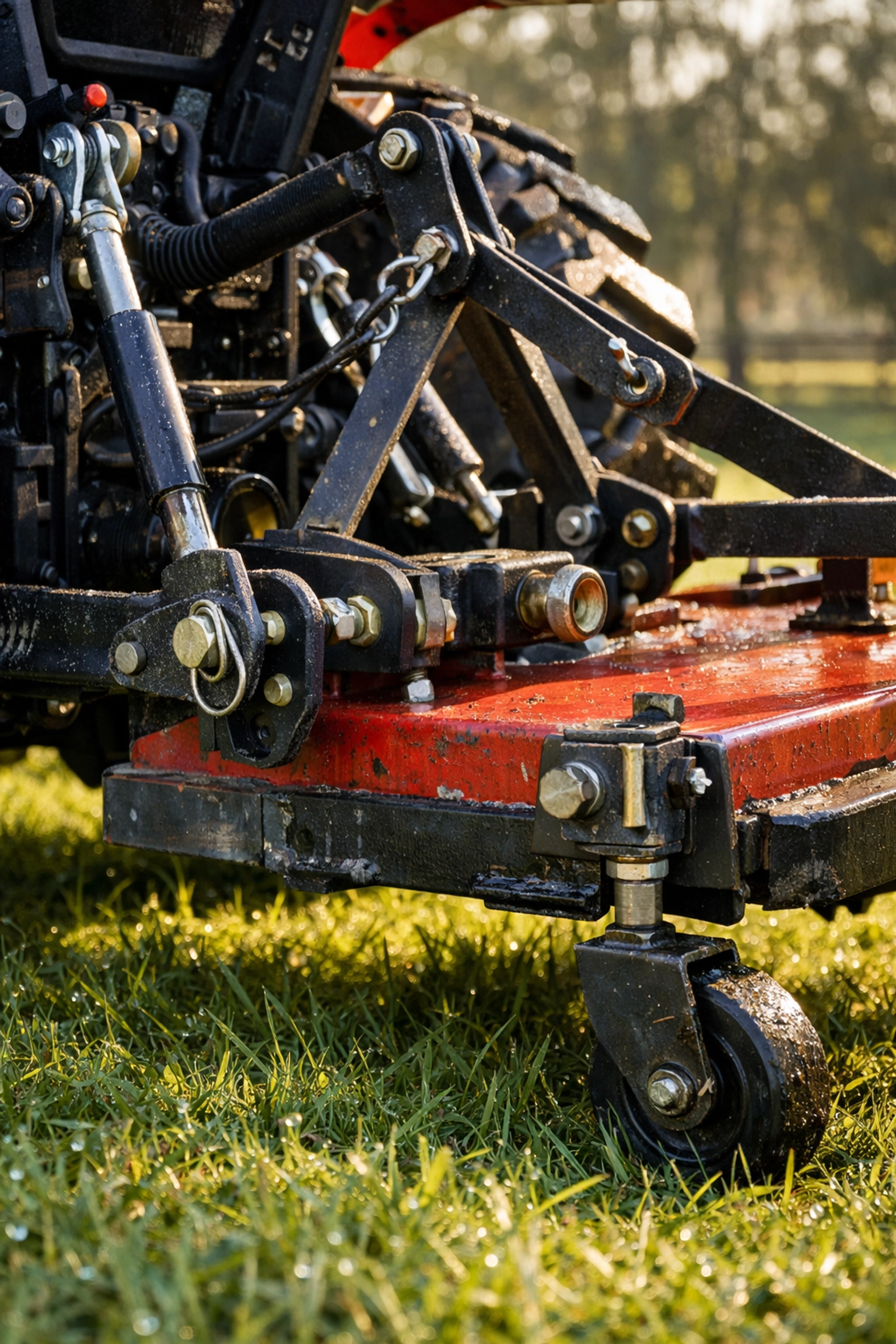 Compact tractor three-point hitch lifting brush hog implement for pasture maintenance