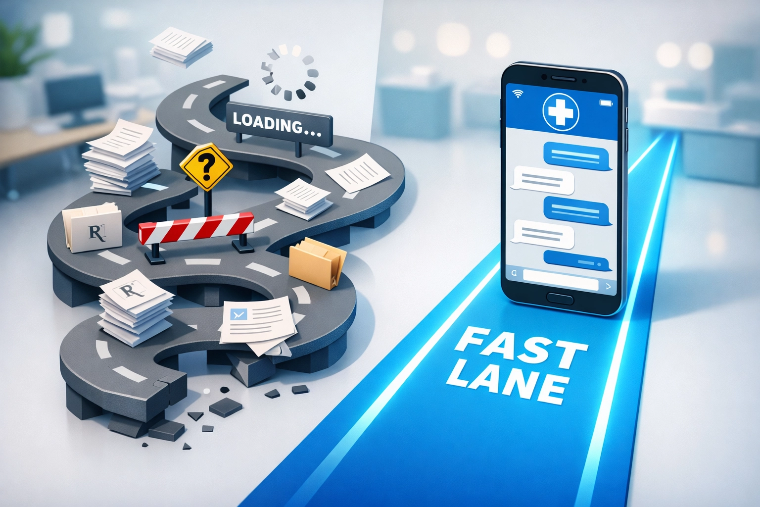 Secure medical messaging vs slow registration forms for fast online urgent care access.