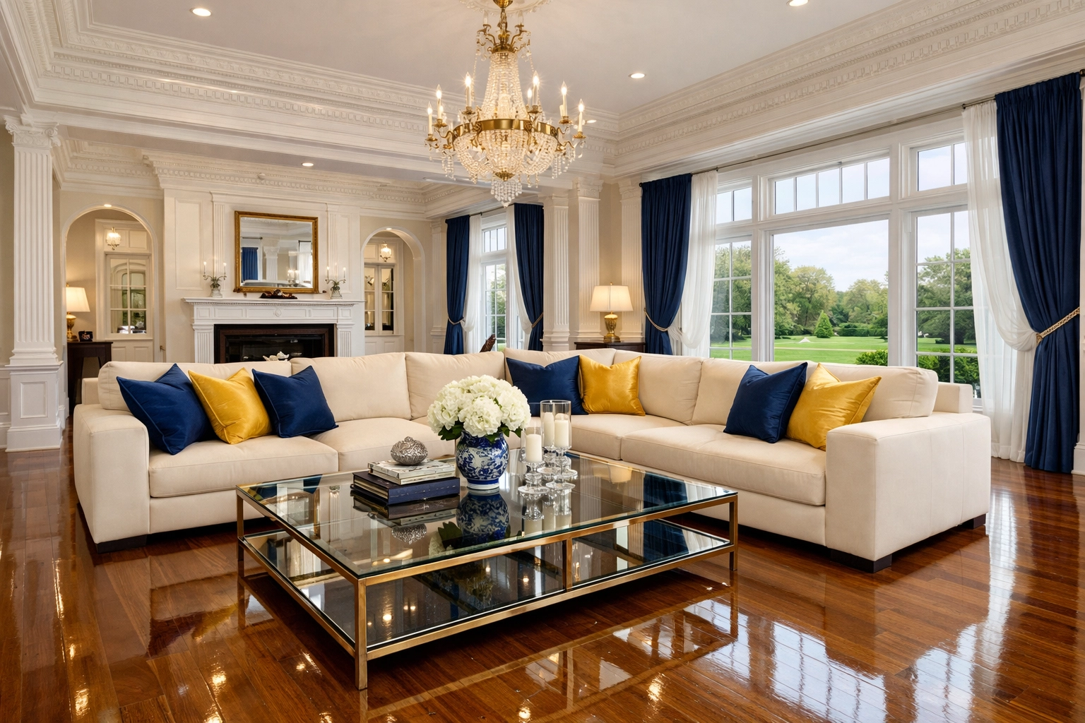 Spotless luxury living room in Dover, Massachusetts showing high-end residential cleaning results and polished floors.