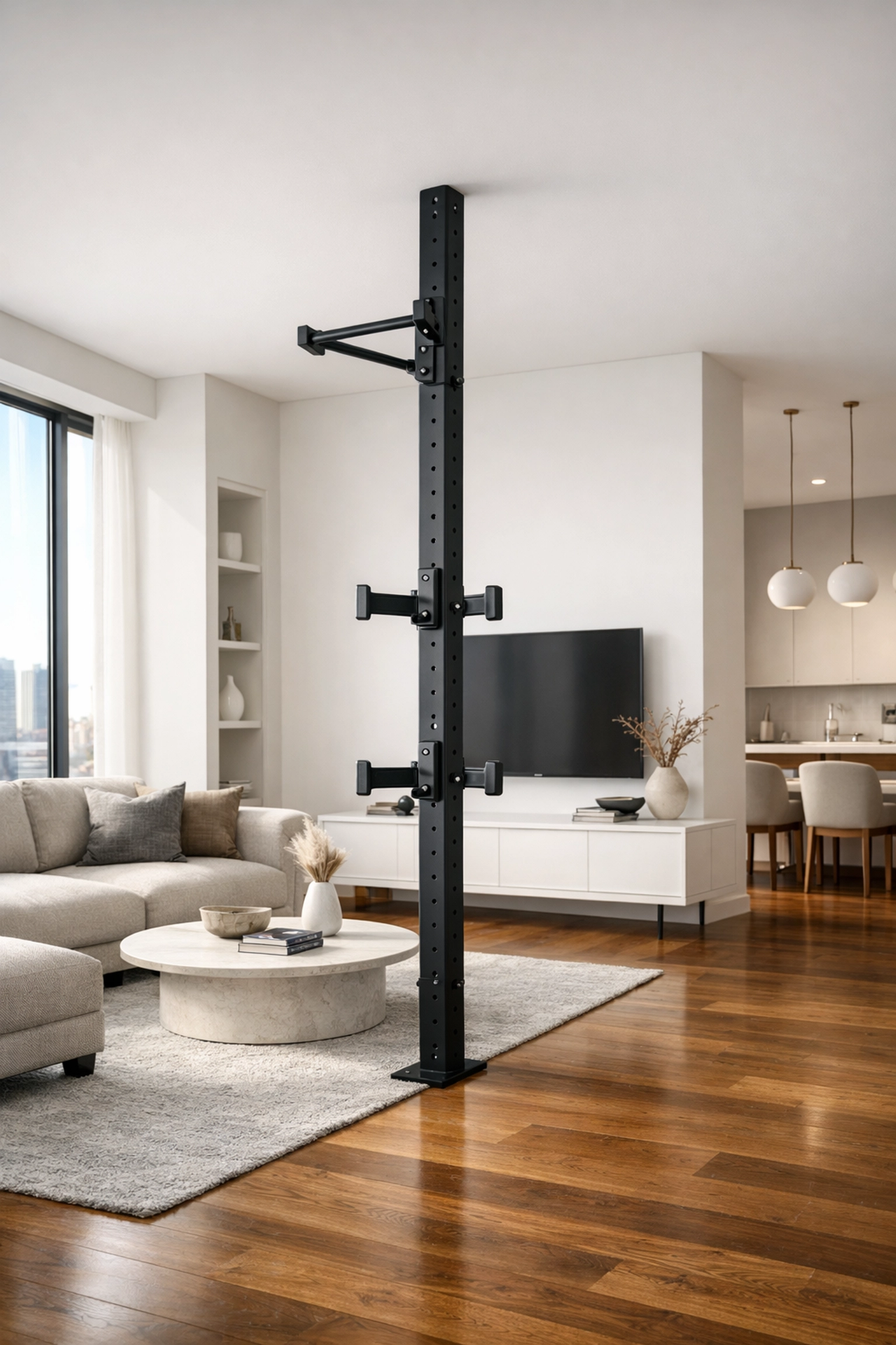 Sleek black floor to ceiling gym installed in a modern apartment as a stylish pull up bar alternative.