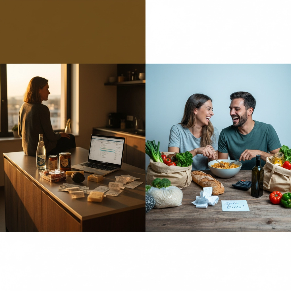 A split image with a single woman alone in her kitchen looking serious on the left and a couple sitting at a table happily sharing a meal.