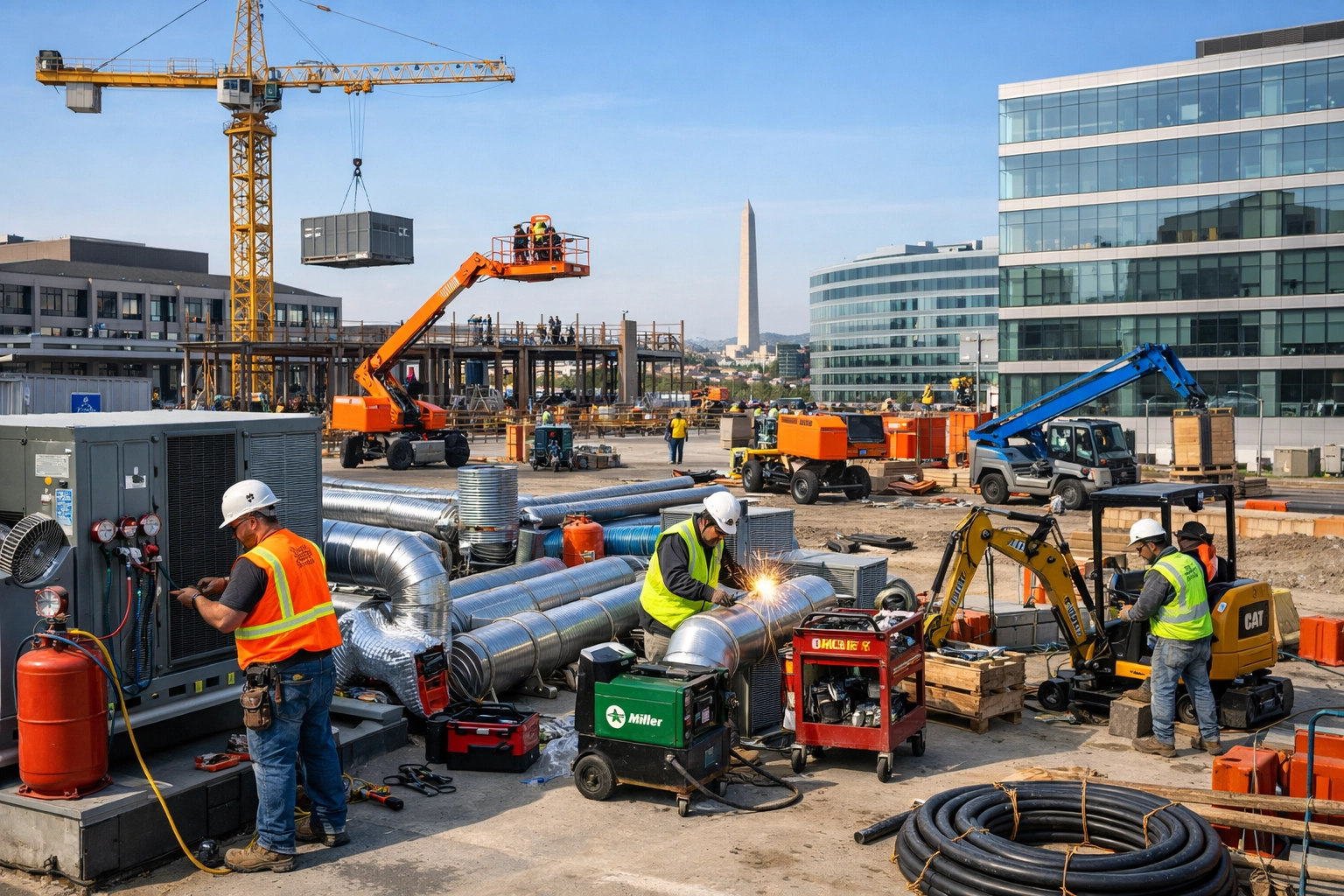 Busy Washington commercial construction site featuring specialty contractors and various specialized equipment.