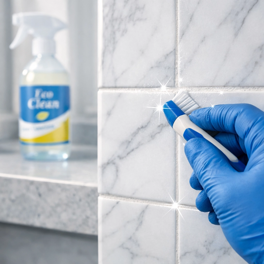 Scrubbing marble tile grout with a detailing brush during a professional deep cleaning in Boston bathroom.