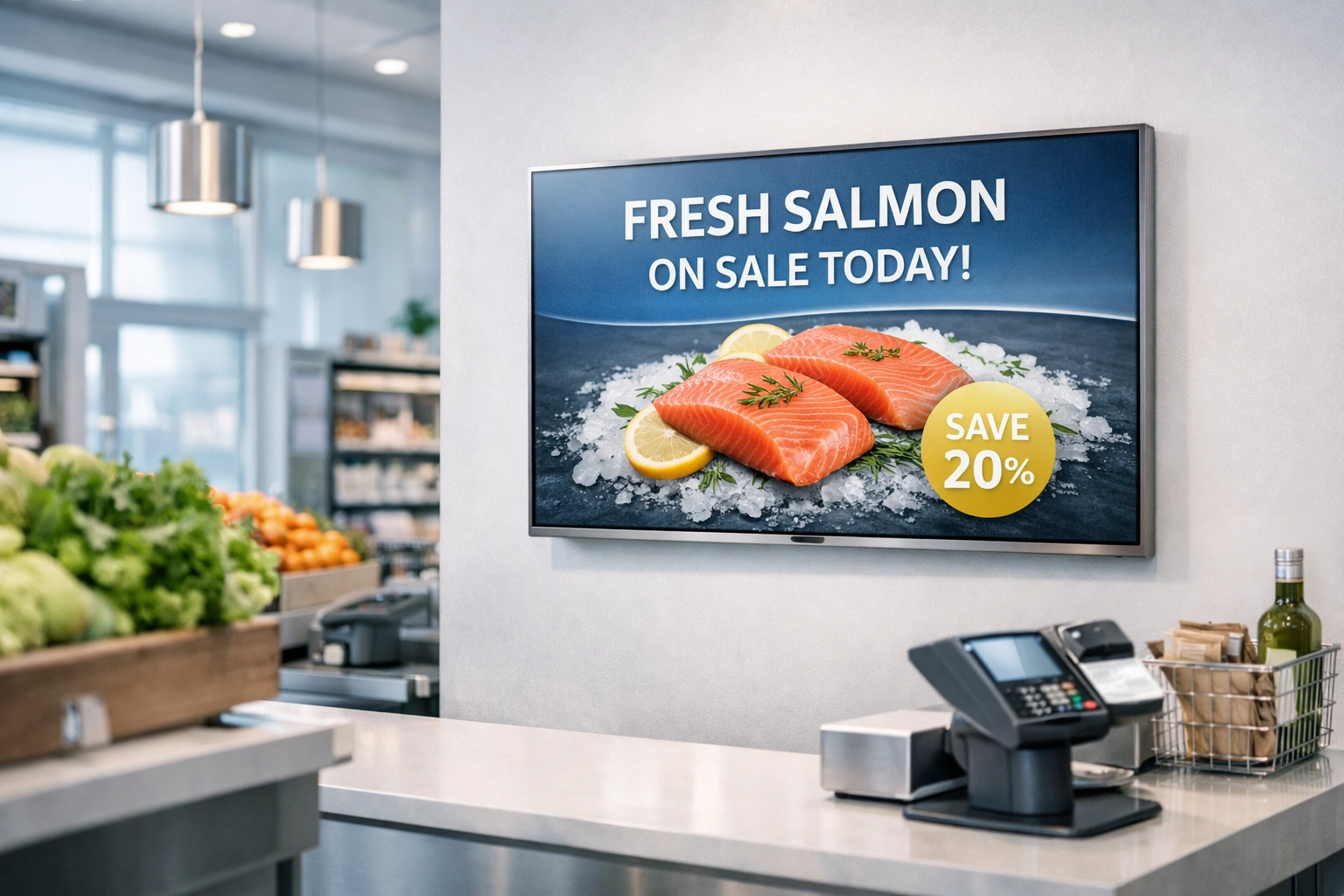 Hyper-targeted digital display inside a modern grocery store showing effective venue-based DOOH advertising.
