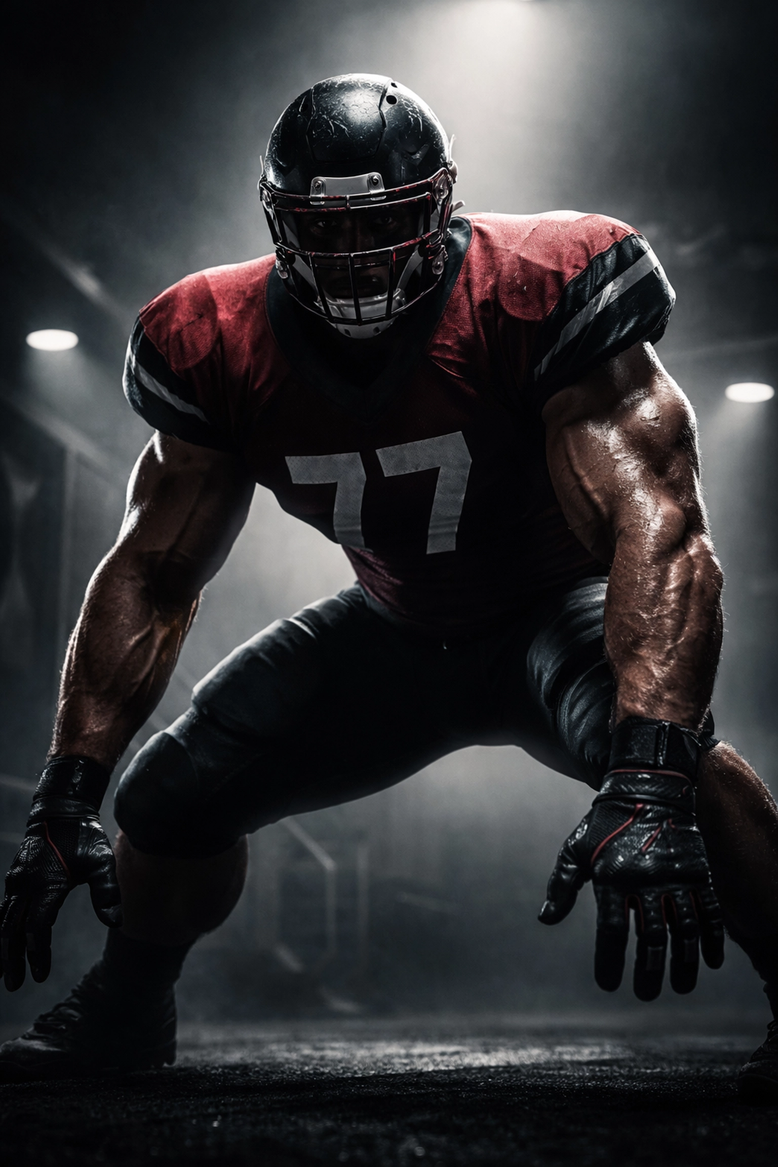 Massive offensive tackle in dramatic football gear, showcasing the size and strength needed for SEC play.