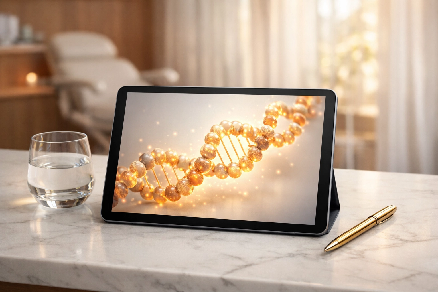 Medical tablet displaying a glowing peptide chain representing cellular signaling for anti-aging treatments.