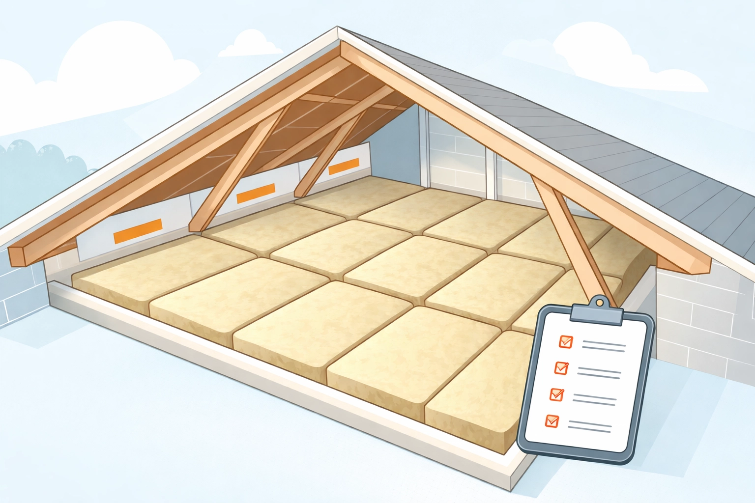 Organised loft space with mineral wool insulation, clear ventilation, and healthy rafters ready for inspection