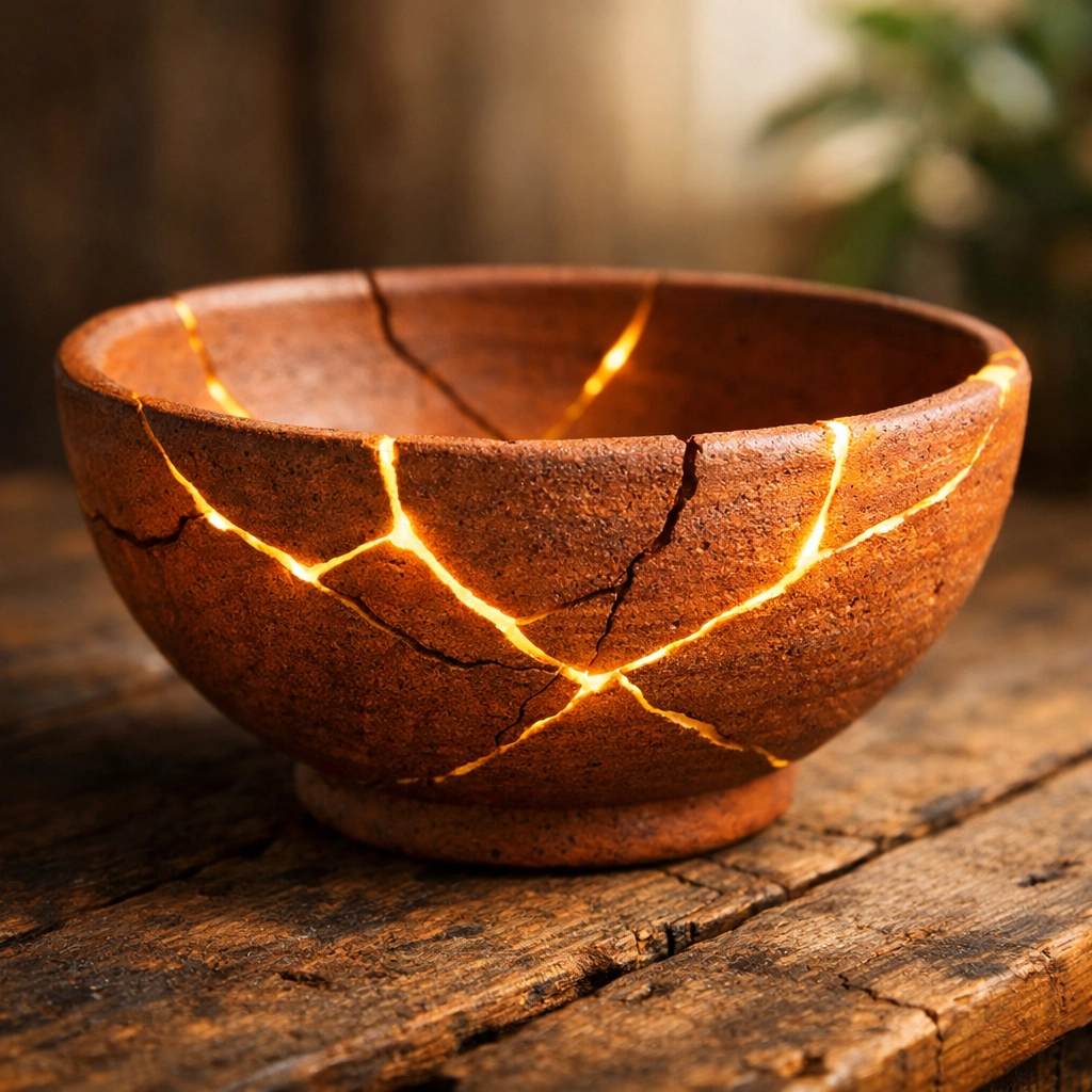A Kintsugi-style terracotta bowl mended with gold, representing the healing of core wounds.