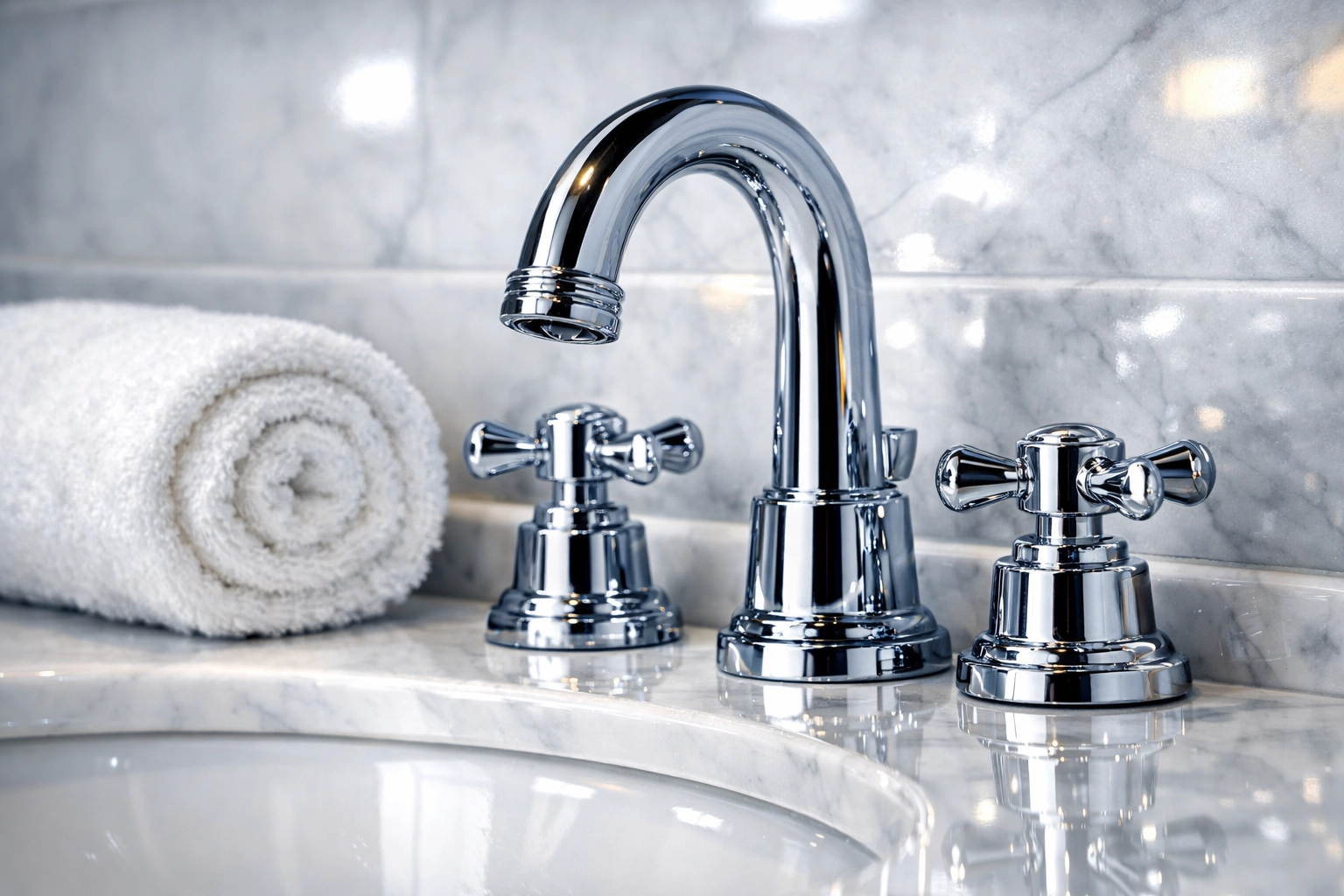 Close-up of a sanitized marble bathroom vanity from a detailed House Cleaning Shirley MA session.