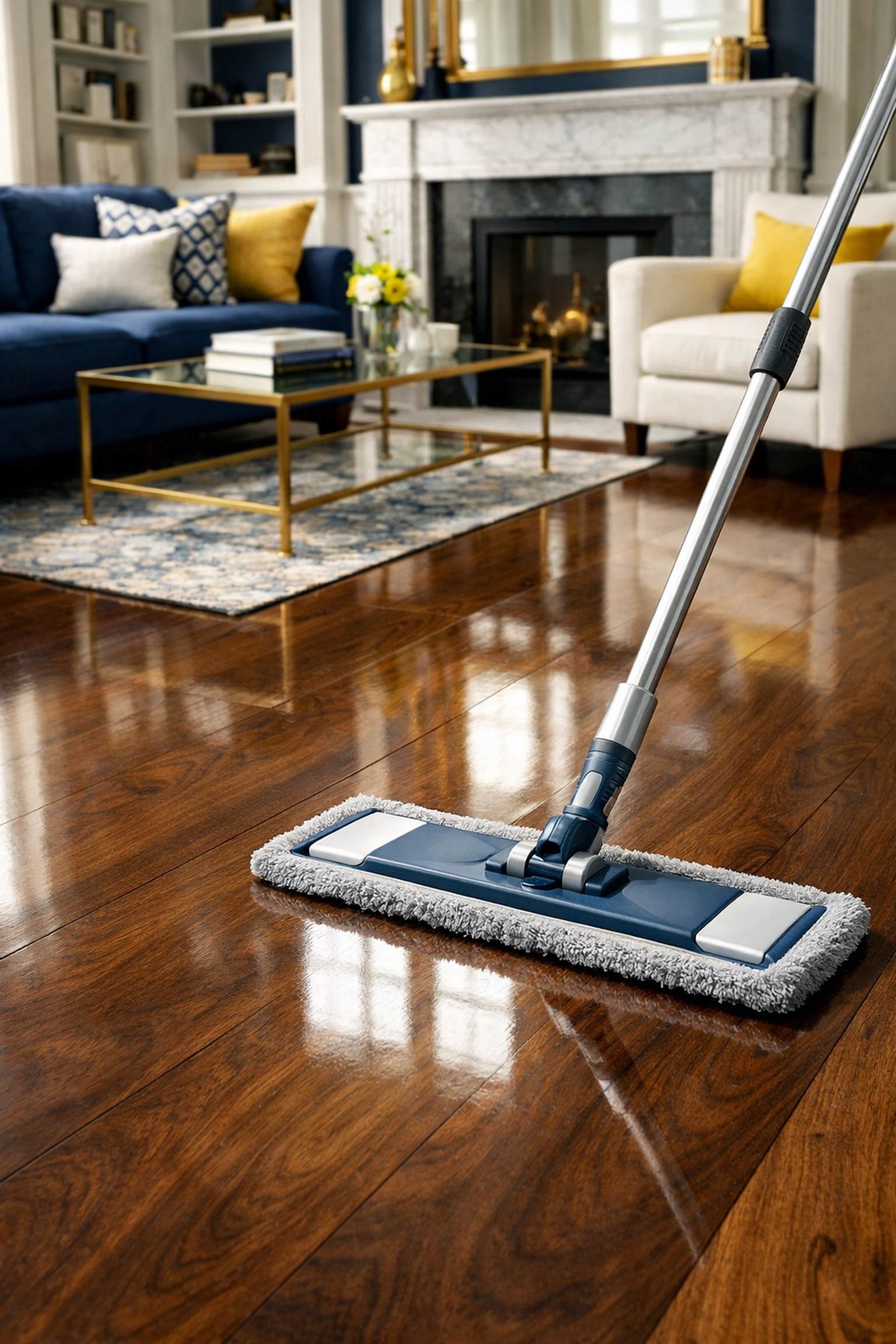 Microfiber mop on polished hardwood floors for deep cleaning Cambridge MA homes.