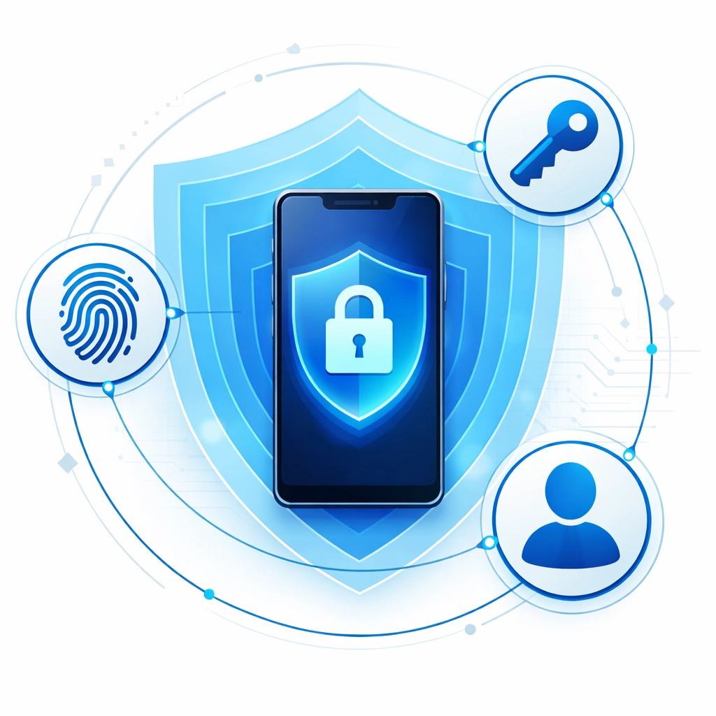 Multi-factor authentication layers protecting a smartphone with fingerprint, key, and user verification