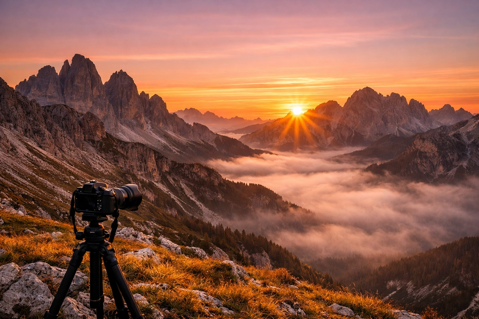 A professional camera setup capturing a stunning sunrise over the Dolomites mountain range.