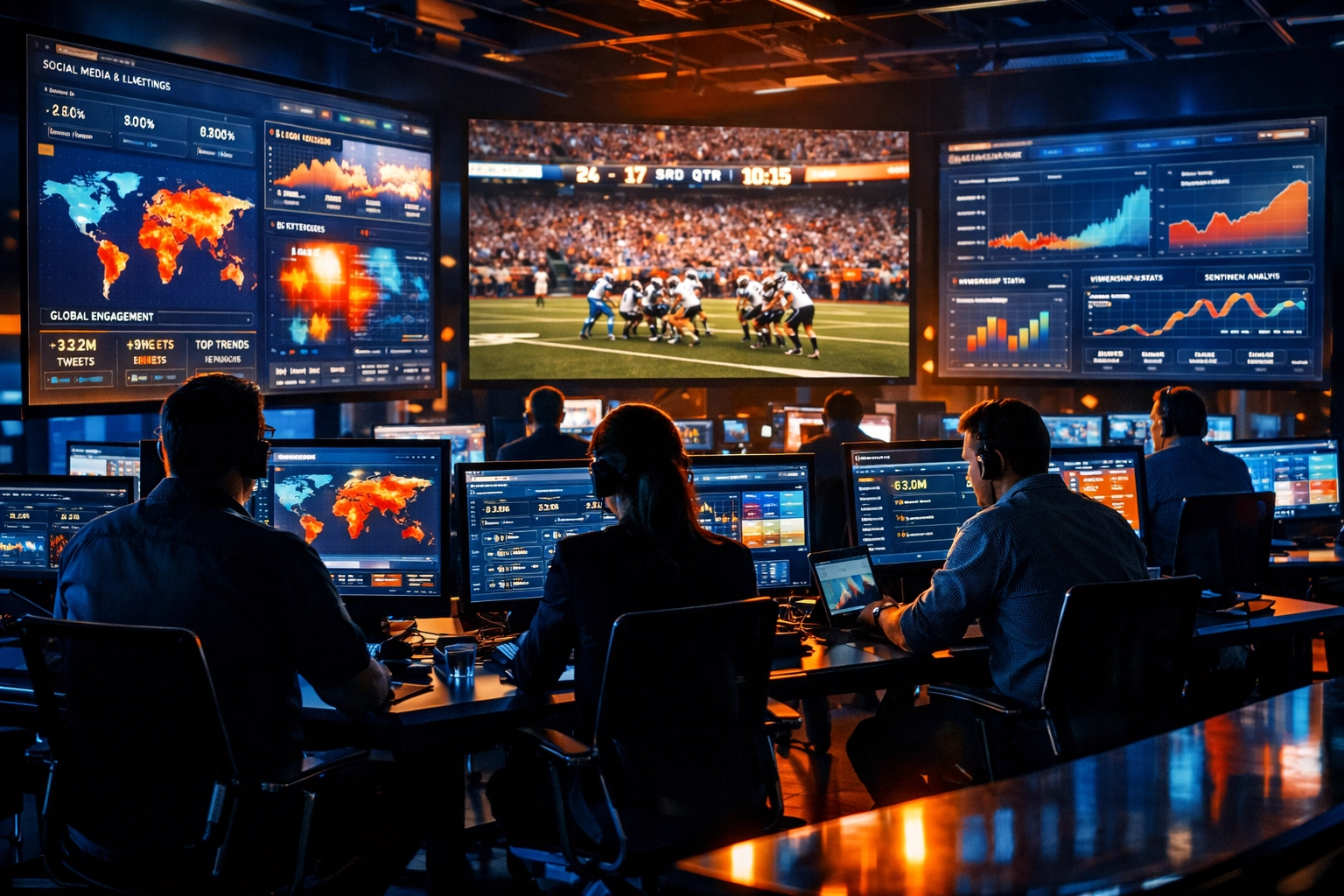 Digital marketing war room where Sports Media Inc monitors real-time Super Bowl LX audience engagement data.