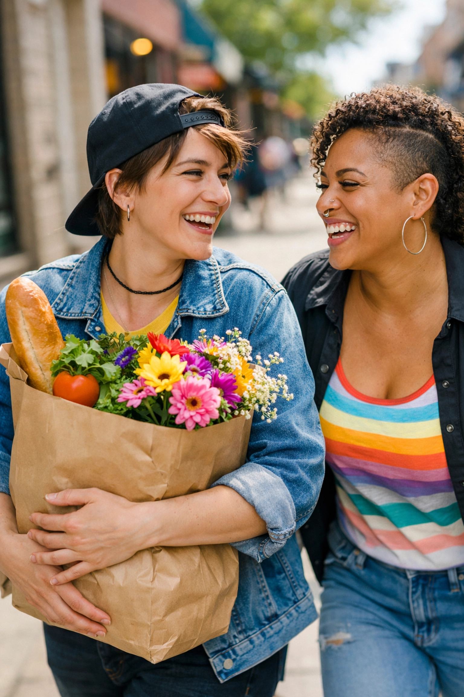 Two queer women walk together smiling, carrying groceries as a sign of supportive found family allyship.