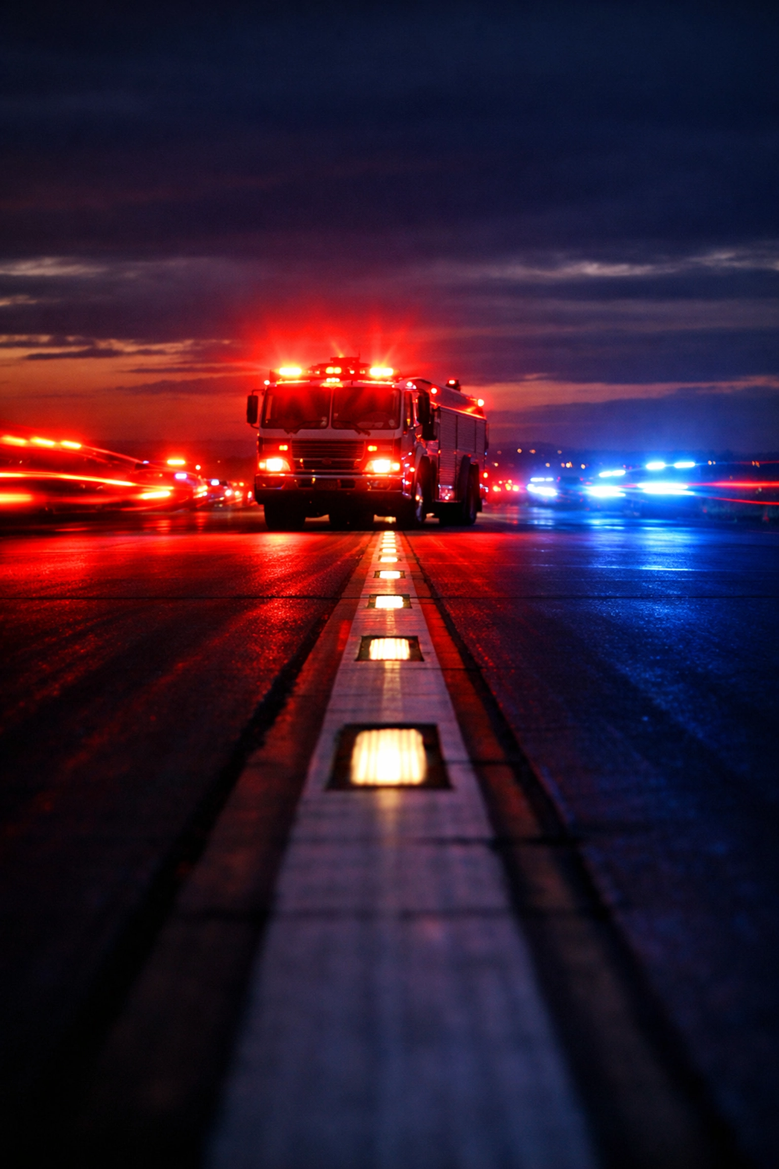 Emergency response vehicles on Pearson Airport runway during Delta Air Lines crash investigation