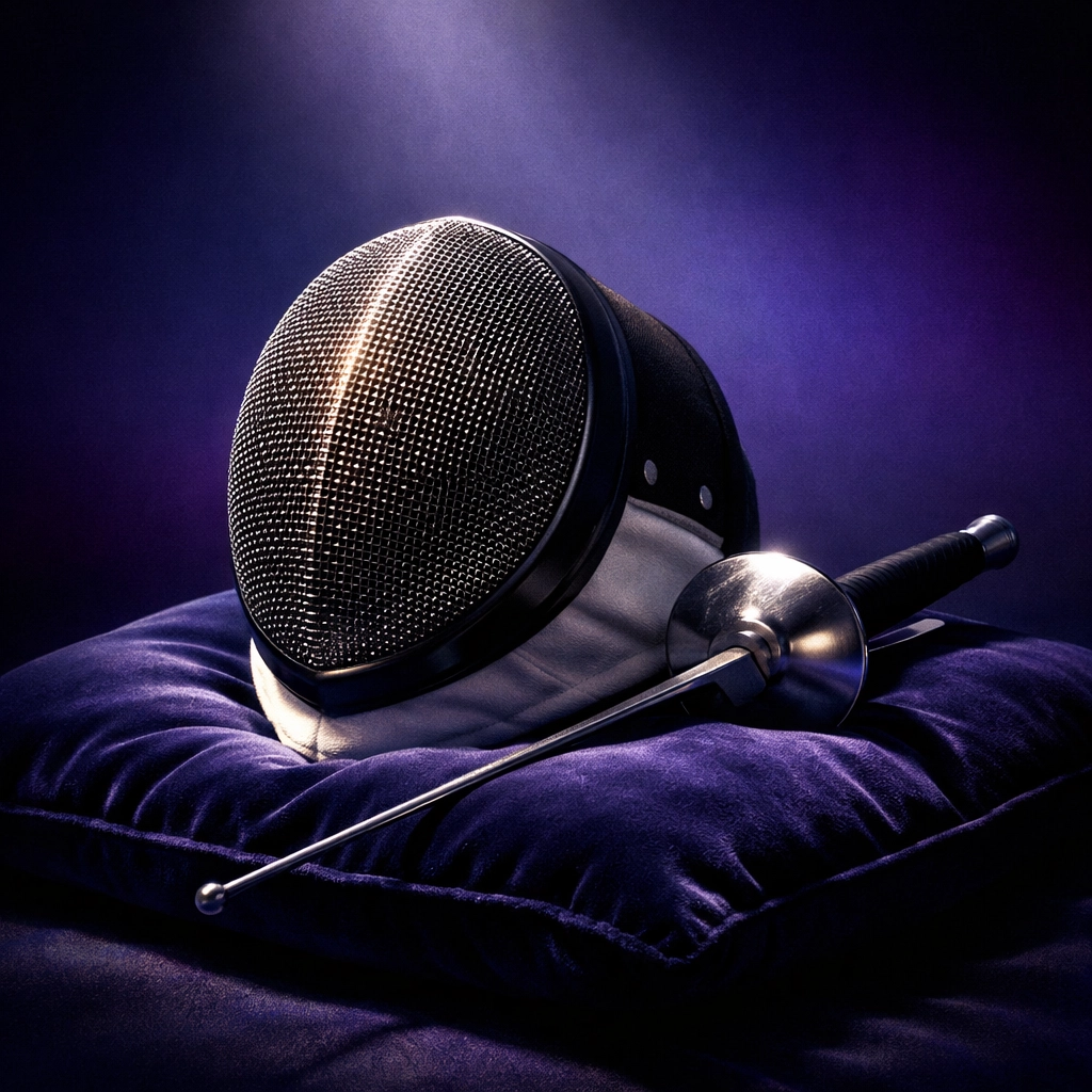 Fencing mask and foil representing hidden identity and equality in sport