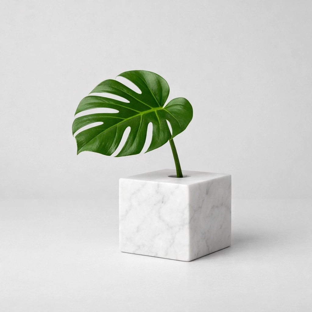 Plant growing from a solid marble base representing growth rooted in Houston real estate education.