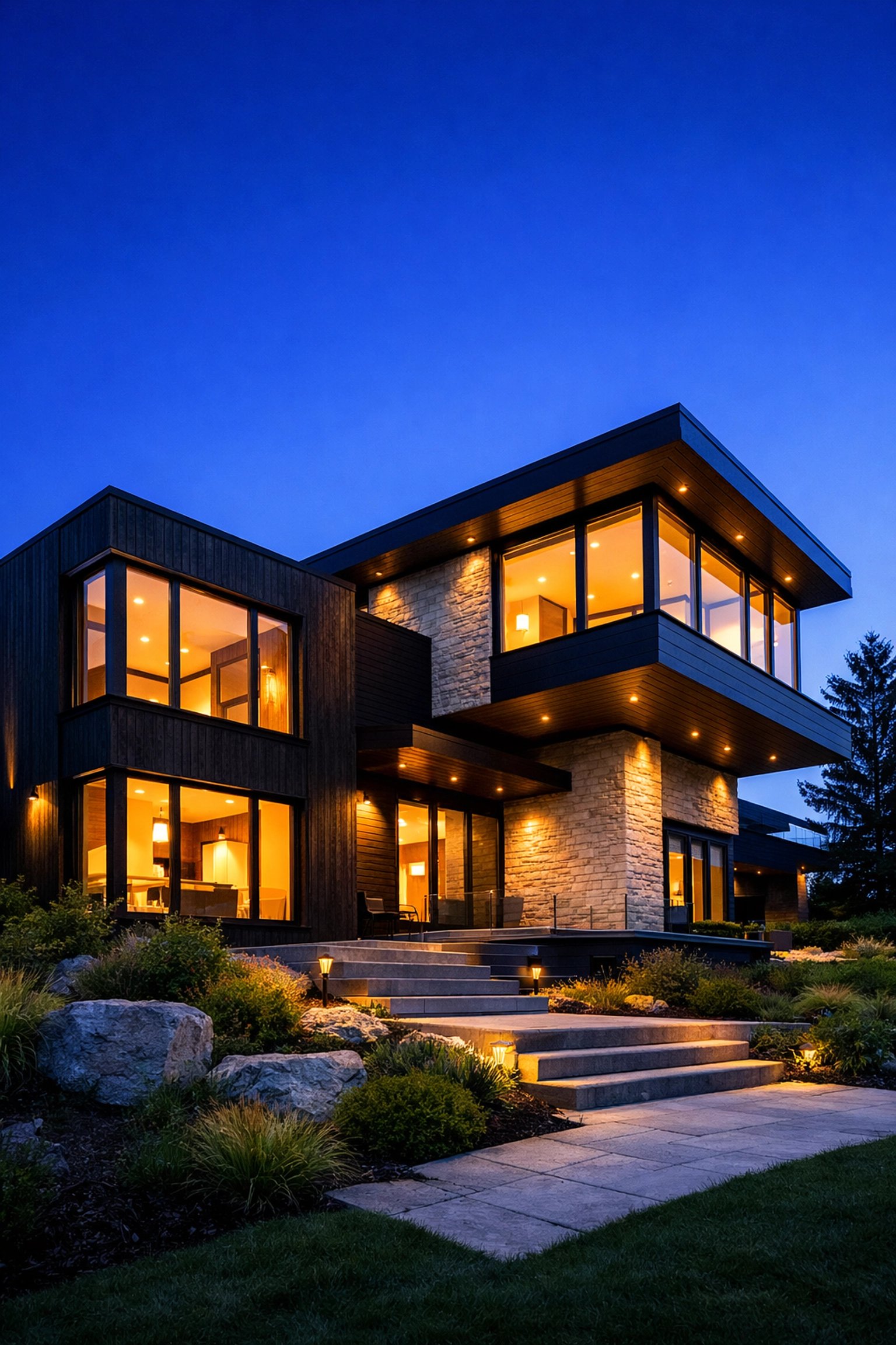 Modern Net-Zero luxury home in Ontario featuring sustainable siding and energy-efficient windows.