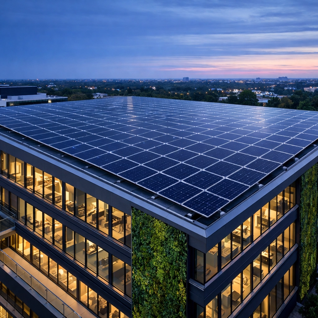 Commercial office building with solar panels highlighting the advantages and disadvantages of solar power.