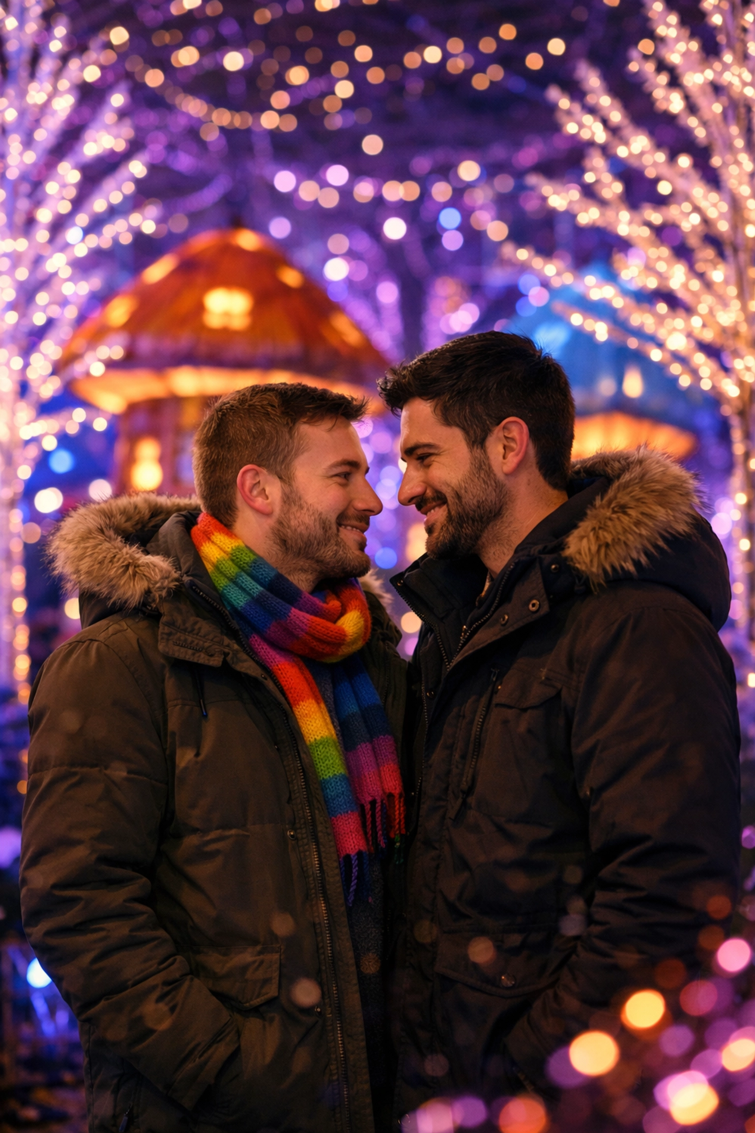 Gay men meeting at Edmonton's Glow light festival surrounded by illuminated enchanted forest