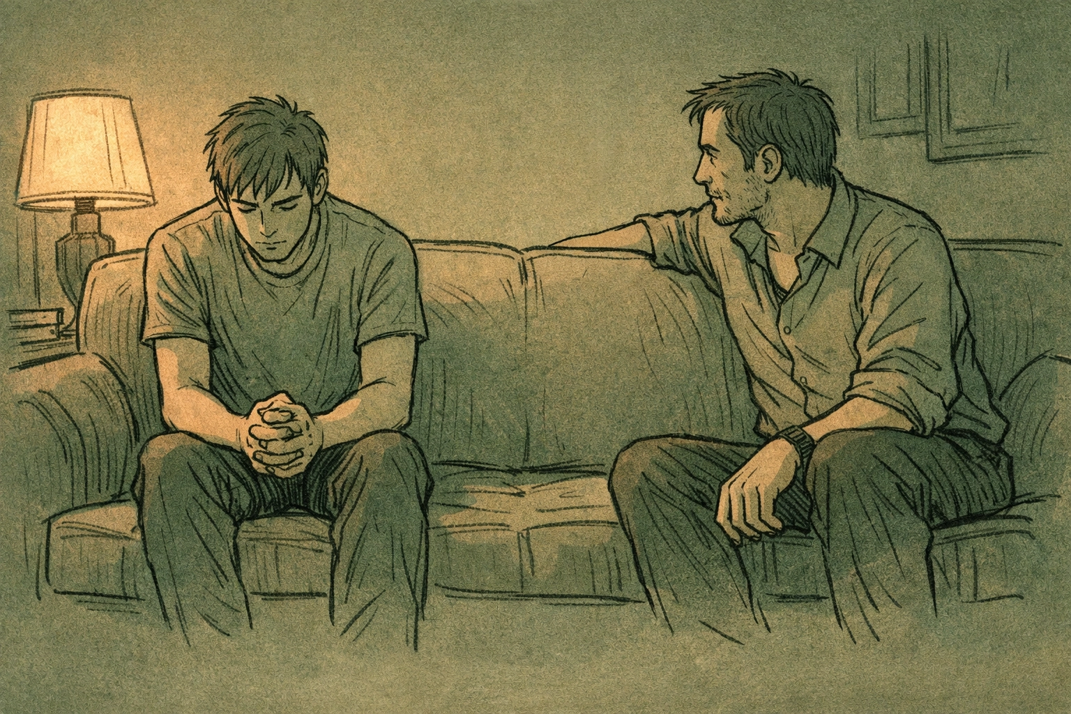 Two men on couch showing emotional intimacy and forbidden longing in MM contemporary fiction