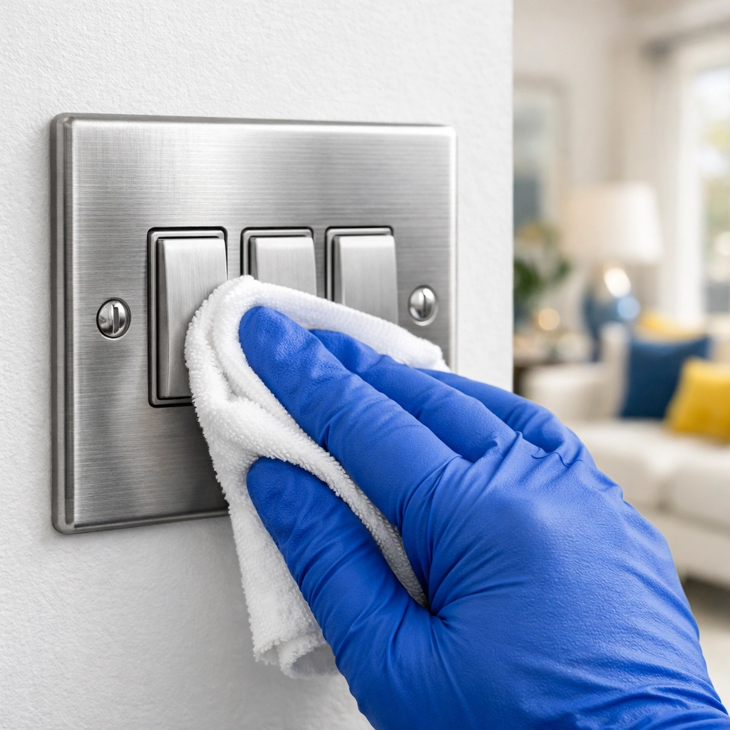 Professional house cleaning in Townsend MA: sanitizing a light switch to eliminate germs.