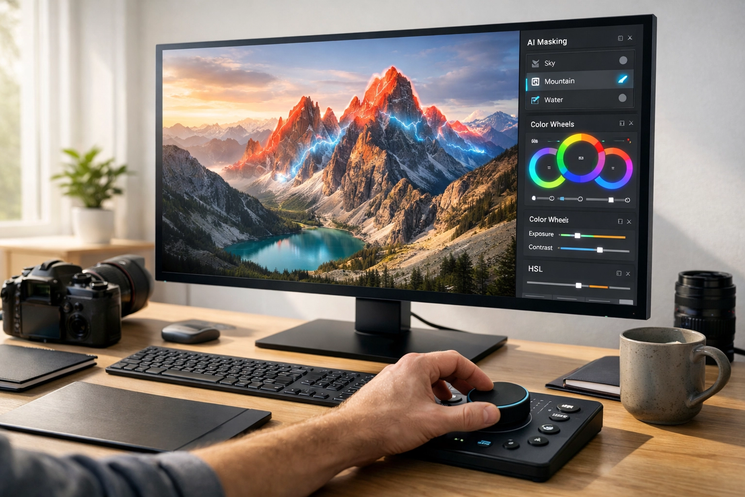 Photographer using AI software to edit landscapes, following the latest 2026 photography news trends.
