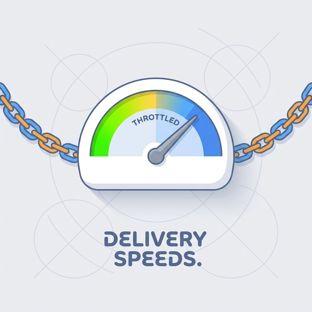 A speedometer chained back, symbolizing throttled MMS delivery speeds with free bulk texting services