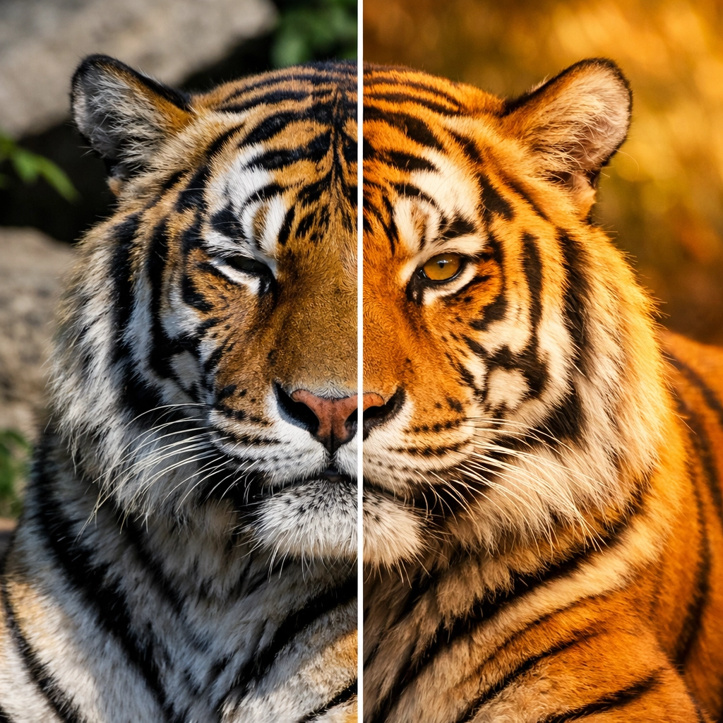 Tiger portrait comparison showing harsh midday lighting versus soft golden hour light