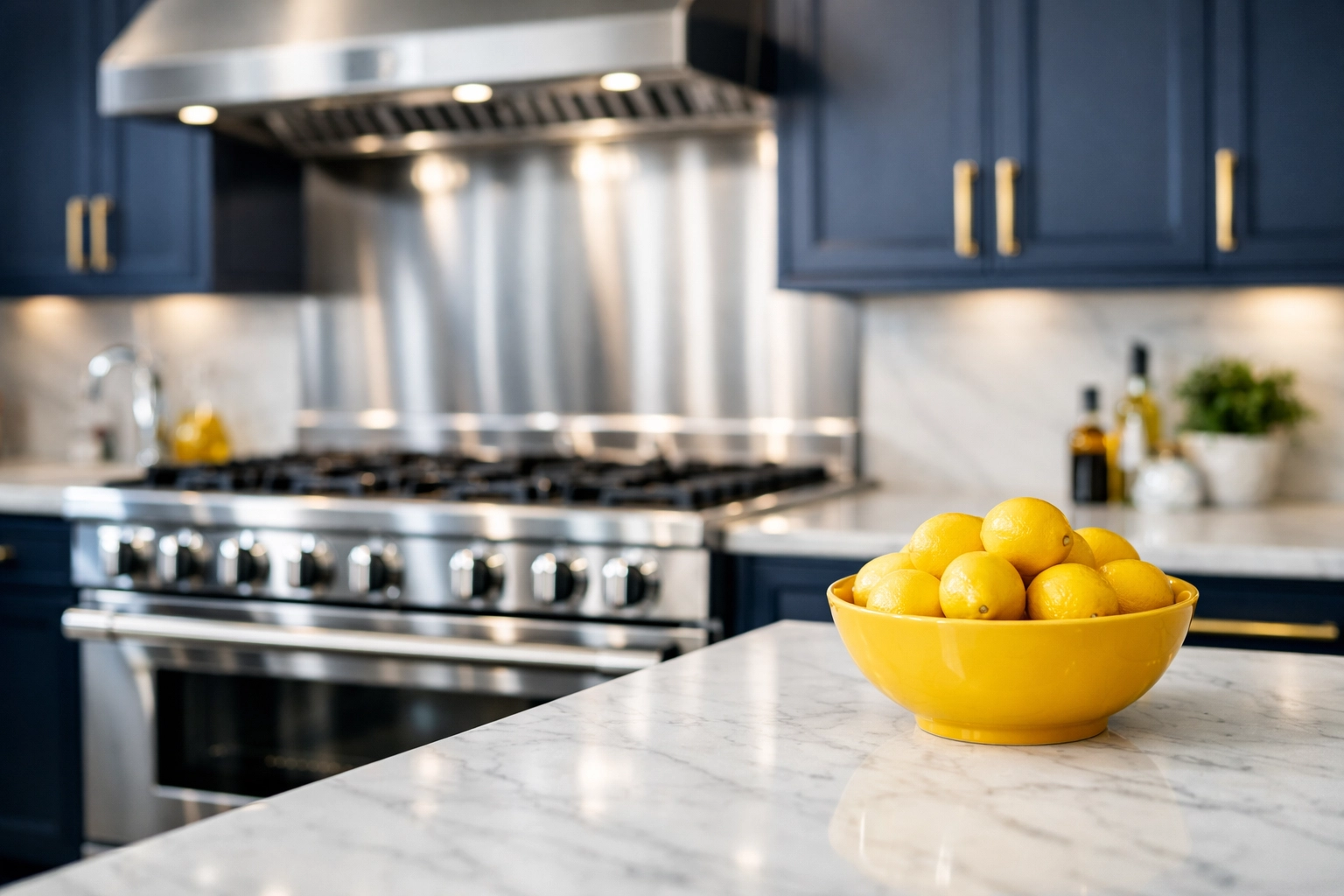 Modern kitchen with spotless marble countertops following a thorough professional move-in cleaning.