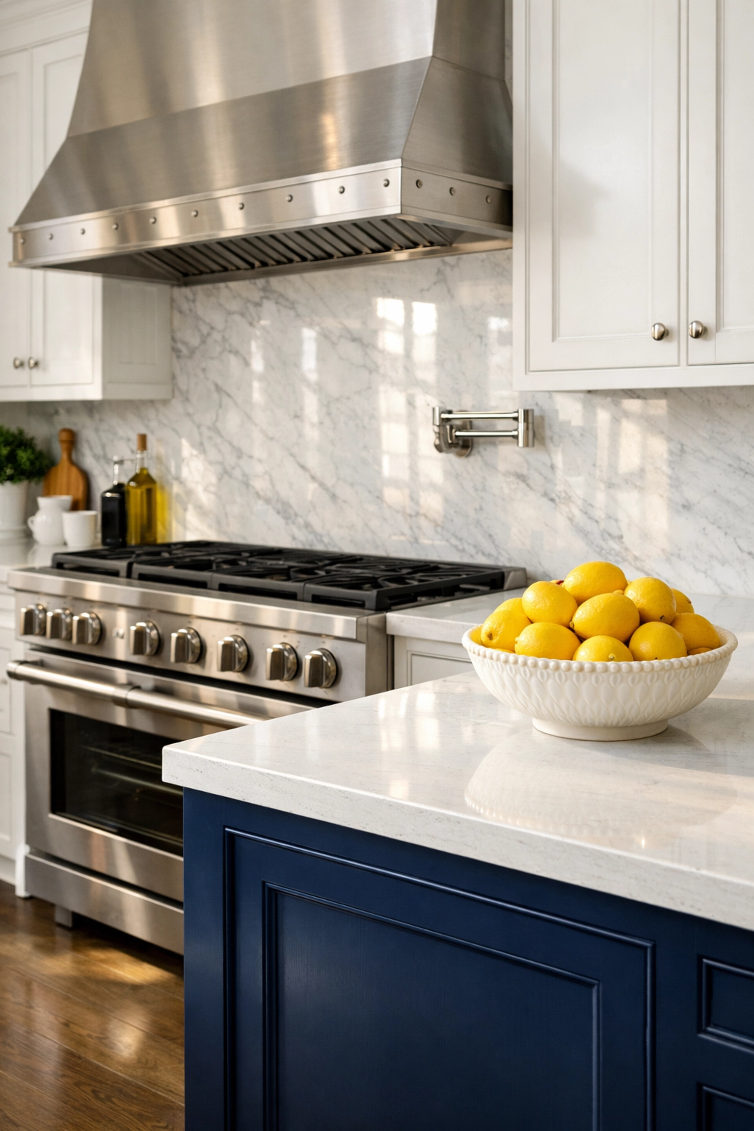 Pristine white kitchen with a spotless range and marble backsplash after a deep cleaning service in Melrose.