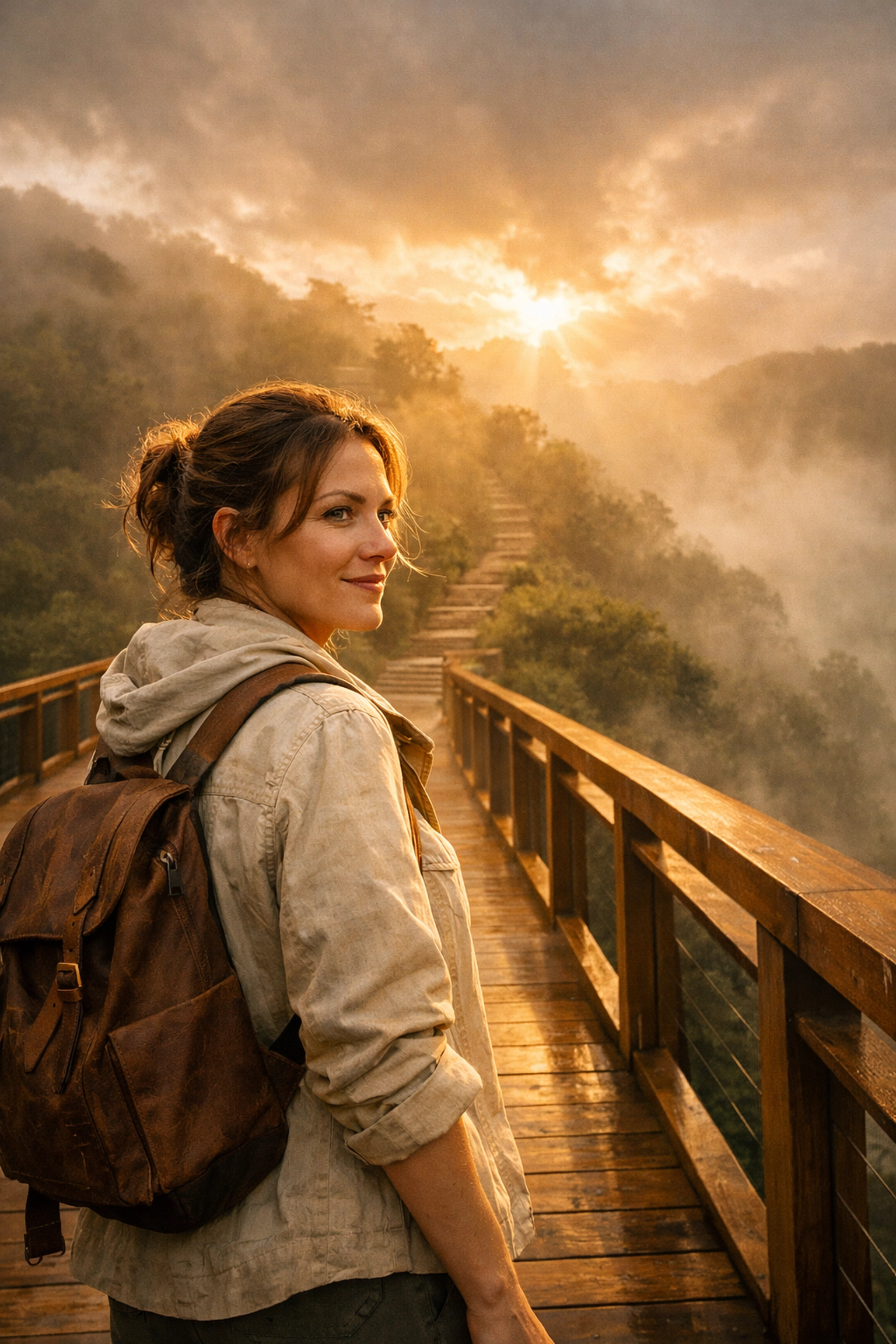 Woman on a wooden bridge reflecting on her journey, symbolizing transformation through a life coach course online. Woman on a wooden bridge reflecting on her journey, symbolizing transformation through a life coach course online.