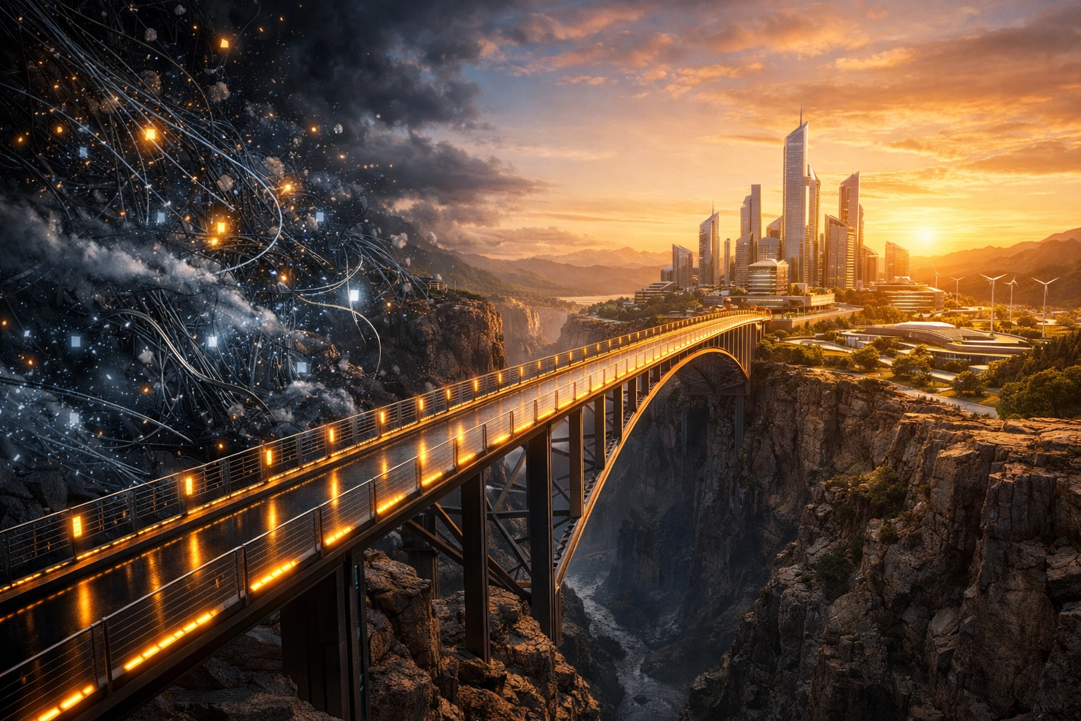 Secure bridge symbolizing the path from complex data risks to robust AI governance and global strategy.