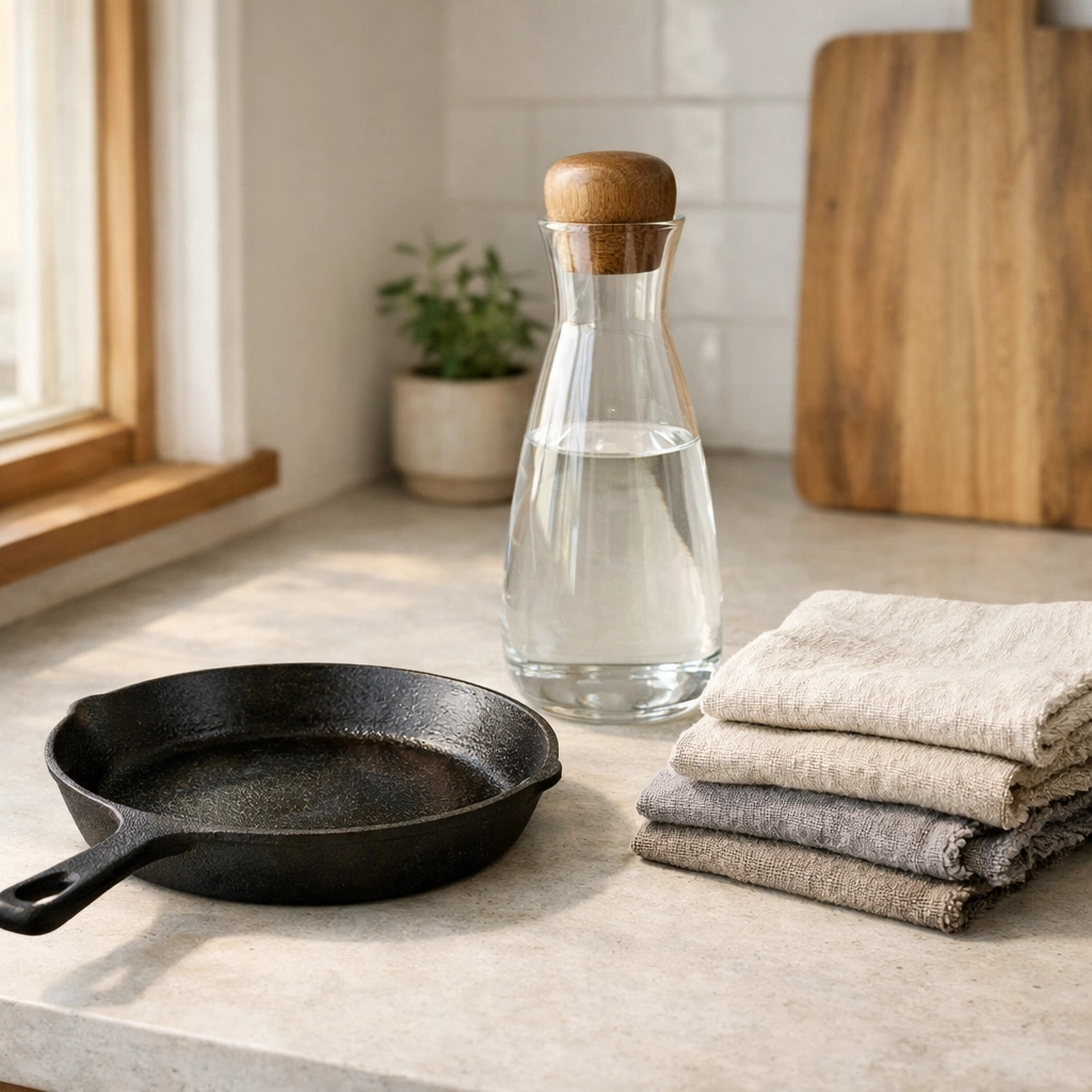 A plastic-free kitchen featuring cast iron cookware and glass carafes for low-tox living.