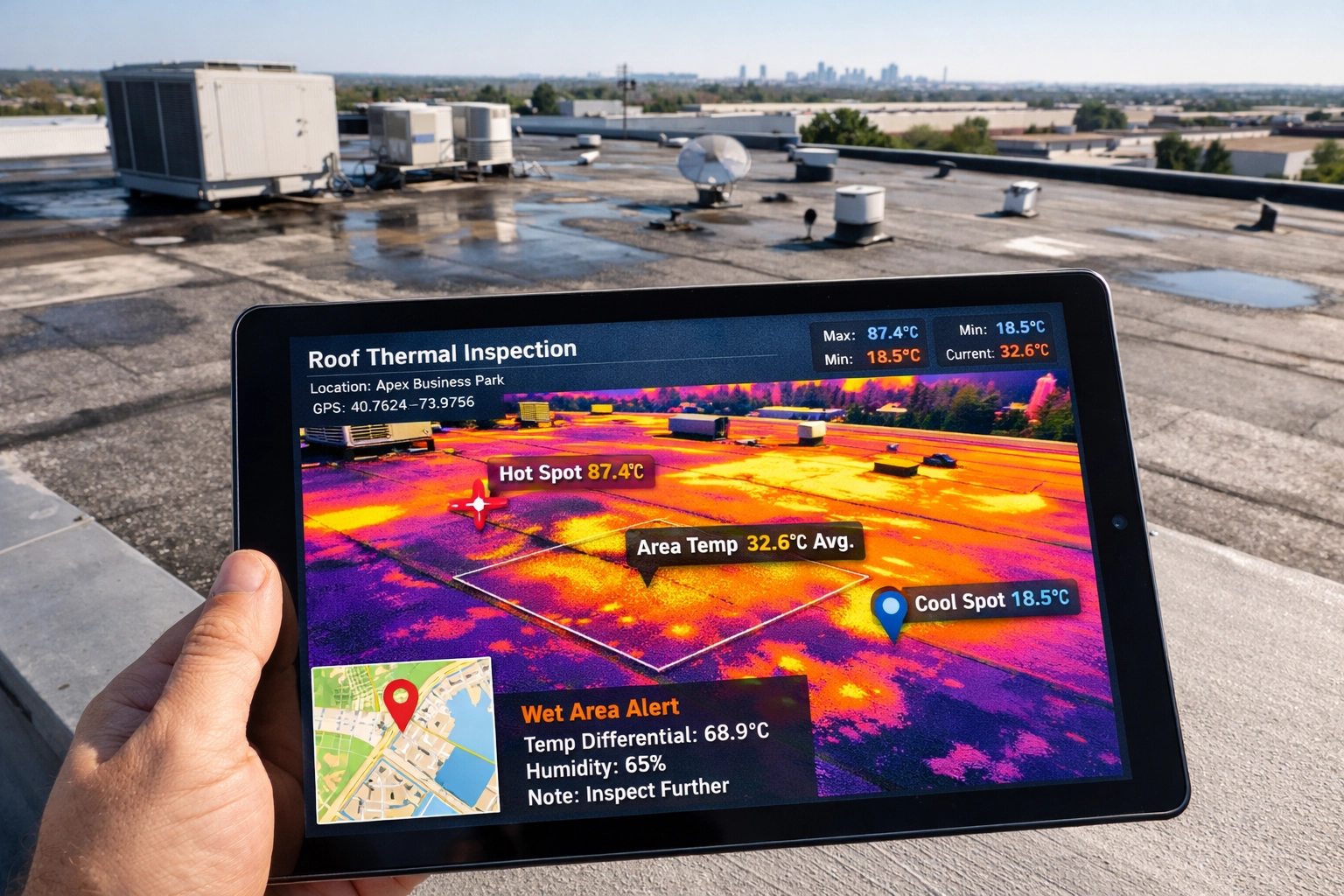 Thermal imaging inspection report on tablet displaying roof moisture data and GPS locations