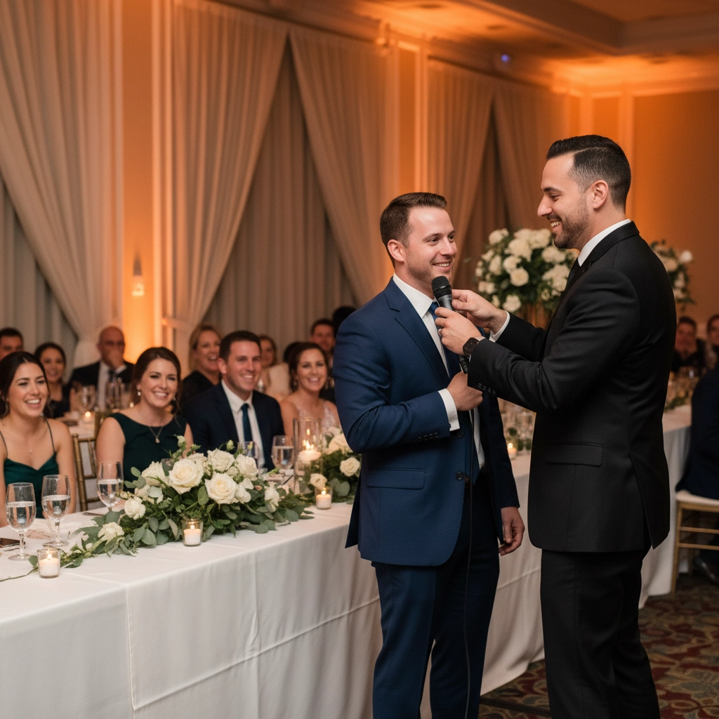 Two men in suits at a wedding reception, one handing a microphone to the other. Guests seated at tables with flowers and candles, smiling.