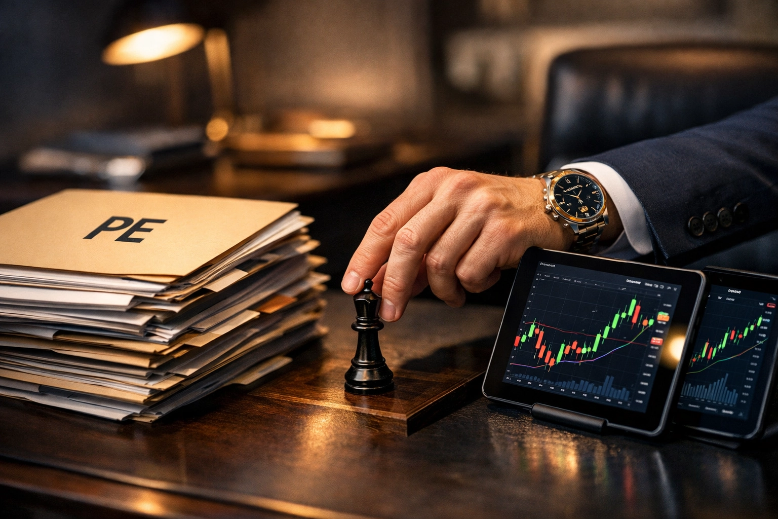 Portfolio manager strategically allocating between private equity documents and crypto investment charts