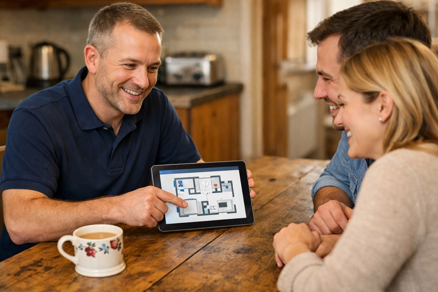 Professional home security consultation in Evesham showing bespoke wireless alarm layout on a tablet.