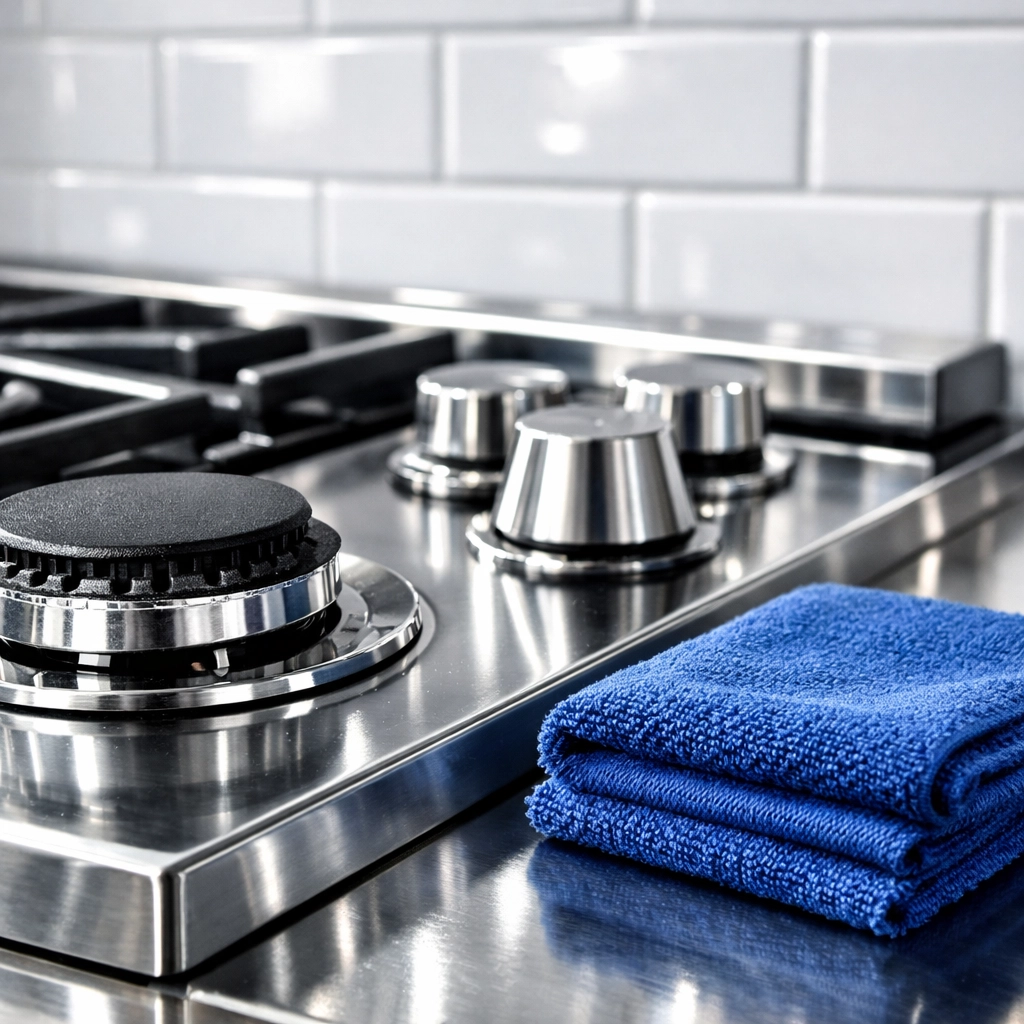 Grease-free stainless steel stovetop and tile backsplash after eco-friendly cleaning.
