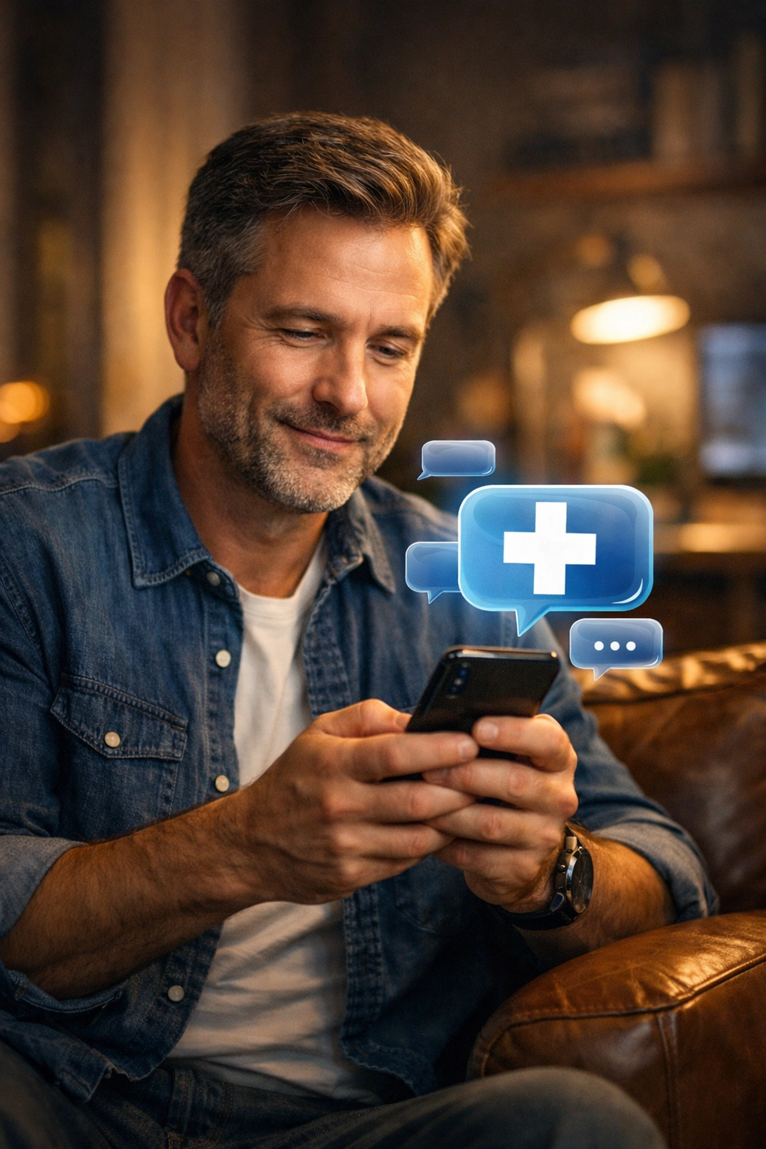 Man using secure messaging for a discreet online erectile dysfunction consultation from home.