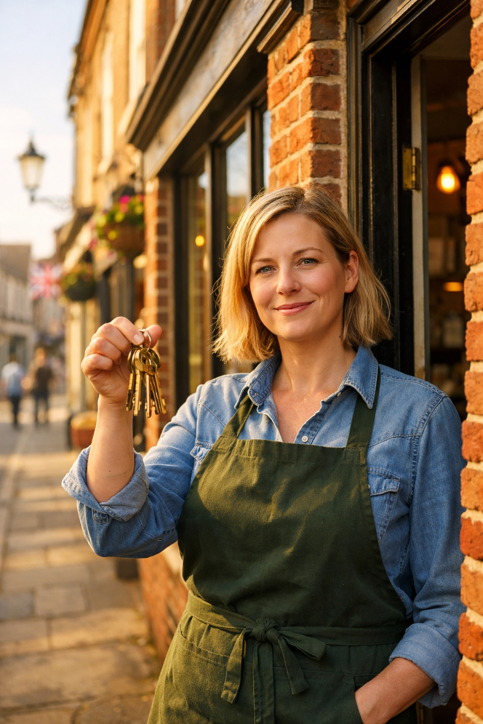 Confident business owner holding keys to their own commercial premises on a UK high street.