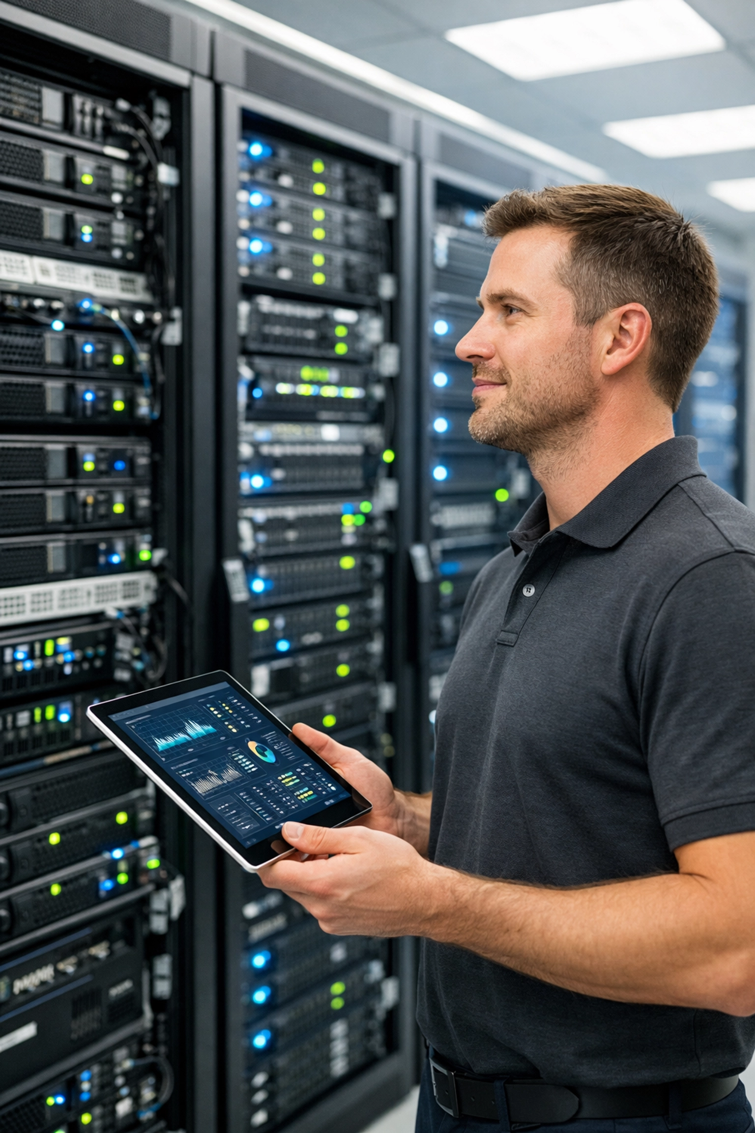 Proactive technician monitoring server racks to provide reliable managed IT services for Solano County businesses.
