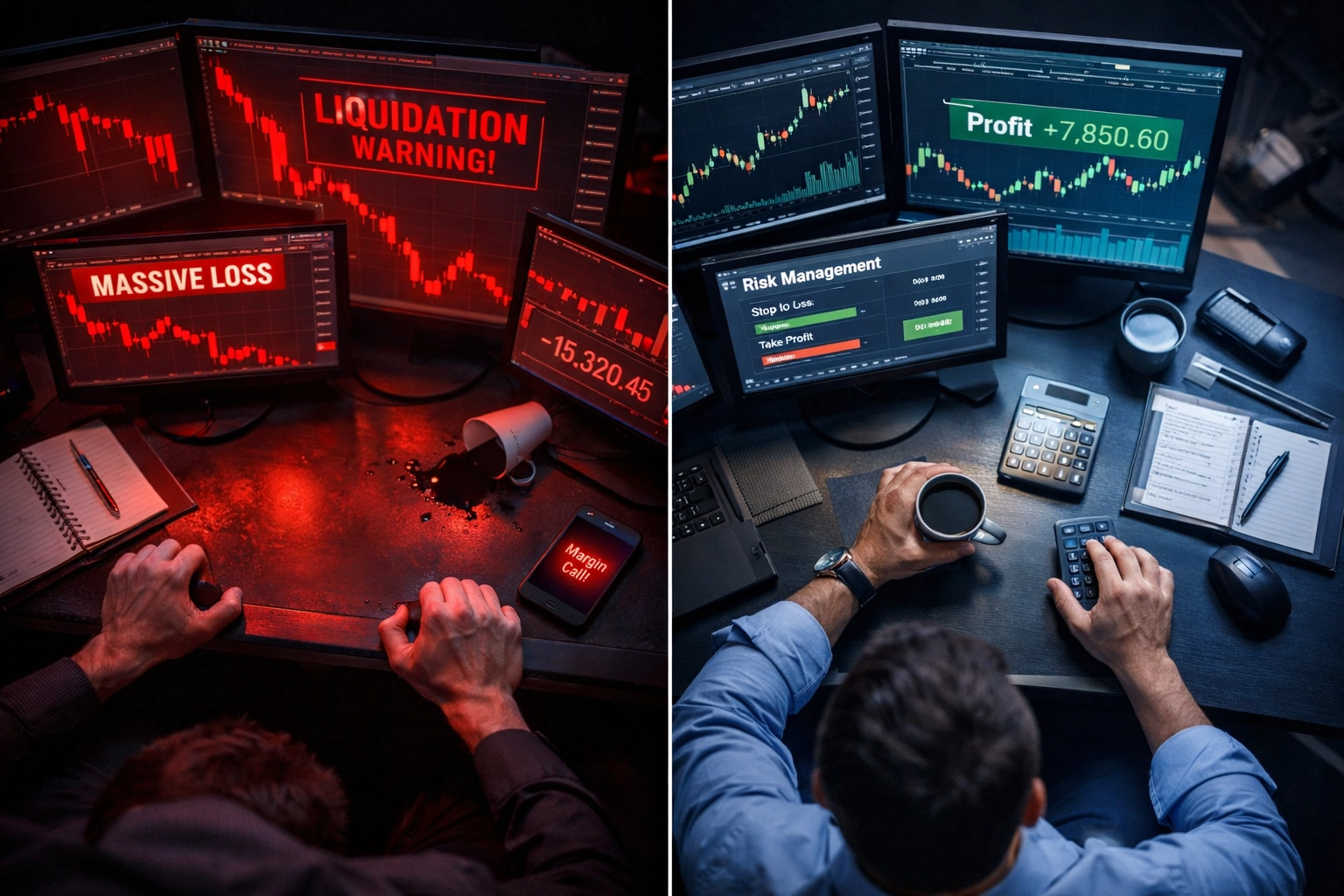 Failed crypto trader with red loss charts versus successful trader using risk management strategy