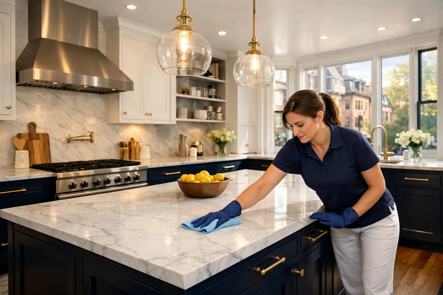 Professional cleaner detailing a renovated Boston kitchen during post-construction cleaning MA.
