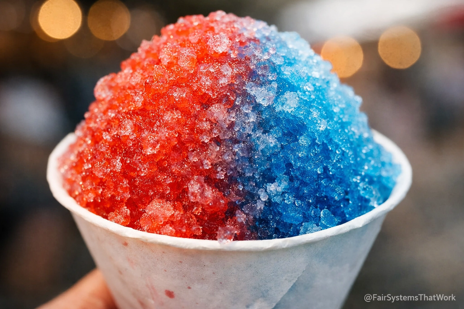 Close-up of a fair snowcone on a rustic table, representing agricultural fair management and vendor boundaries.