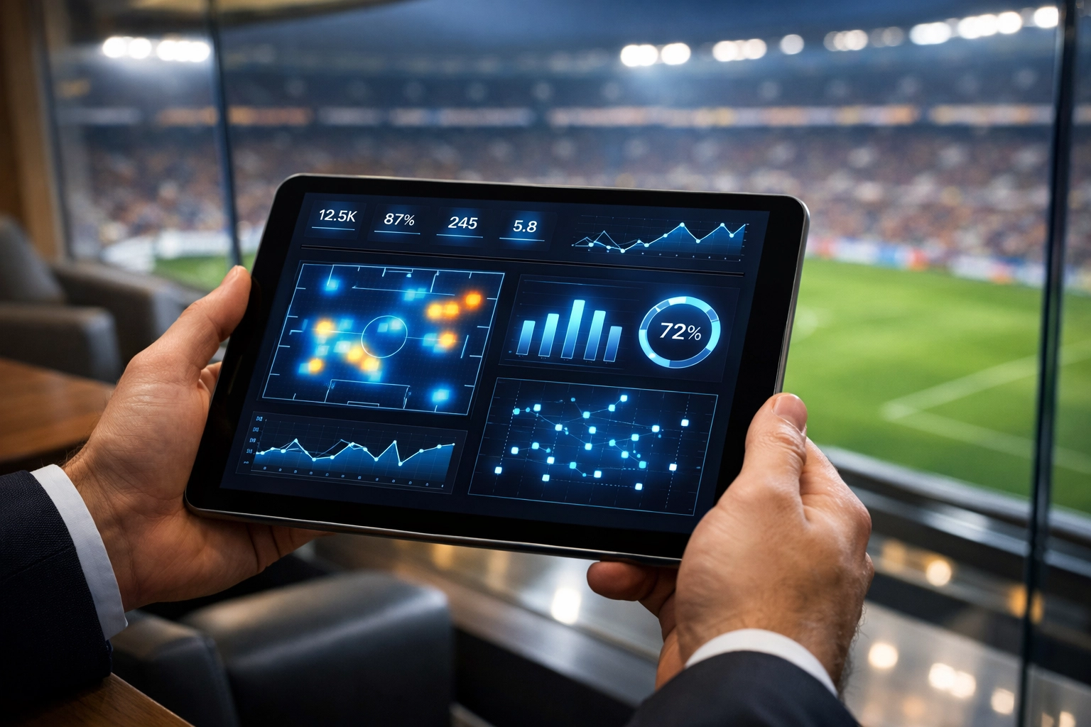 Marketing analytics dashboard on a tablet showing sports campaign performance and real-time data.
