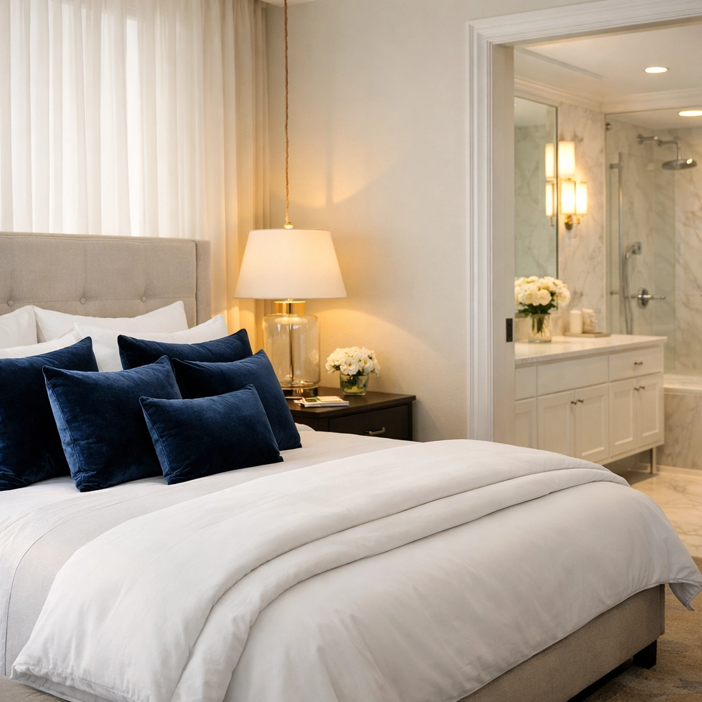 Spotless master bedroom sanctuary in Andover showing the results of professional luxury residential cleaning.