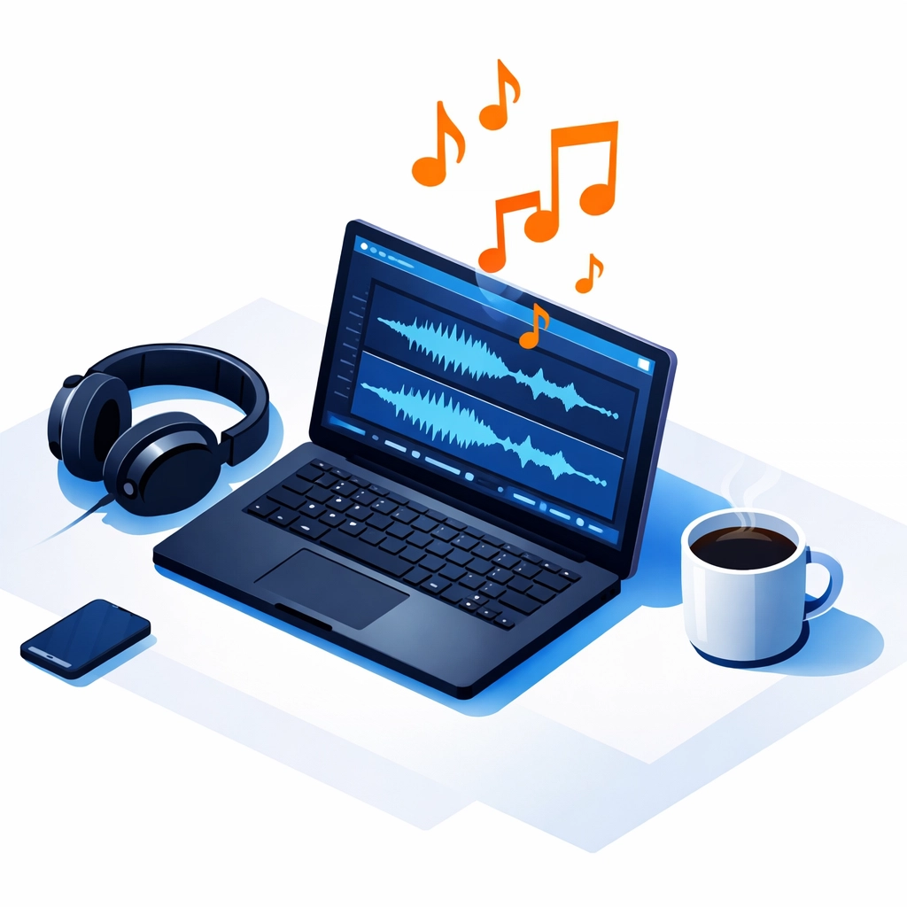 Clean home music production workspace with laptop for mixing songs independently